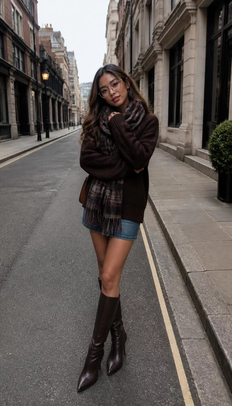 Oversized Dark Brown Sweater and Denim Mini Skirt A photorealistic full body shot of a 24-year-old Southeast Asian woman with a diamond face, light, aquiline nose, thin arched eyebrows, and full lips. Her face features small scar on the eyebrow, light freckles, and subtle natural facial asymmetry. She has almond-shaped dark brown eyes, pronounced cheekbones, subtle smile, thoughtful. She is petite with wavy brown hair and is wearing an oversized dark brown sweater, a denim mini skirt, a large plaid scarf, and high-heeled dark brown leather boots, wearing glasses, city street, no people in the background, high-quality mobile photography, shot on an iPhone 14.