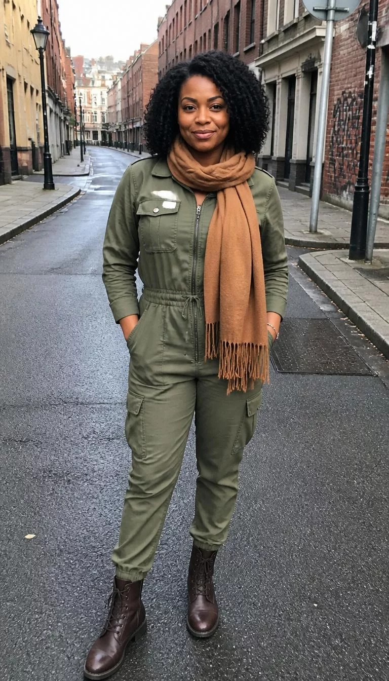 Green Jumpsuit and Camel Scarf A photorealistic full body shot of a 33-year-old Afro-Caribbean woman with a square face, deep brown, broad nose, straight eyebrows, and full lips. Her face features dimples, faint under-eye shadows, and subtle natural facial asymmetry. She has downturned green eyes, high cheekbones, broad smile, playful. She is average build with black natural hair and is wearing a green jumpsuit, camel scarf, and lace-up boots, urban Dublin street, no people in the background, high-quality mobile photography, shot on an iPhone 14.