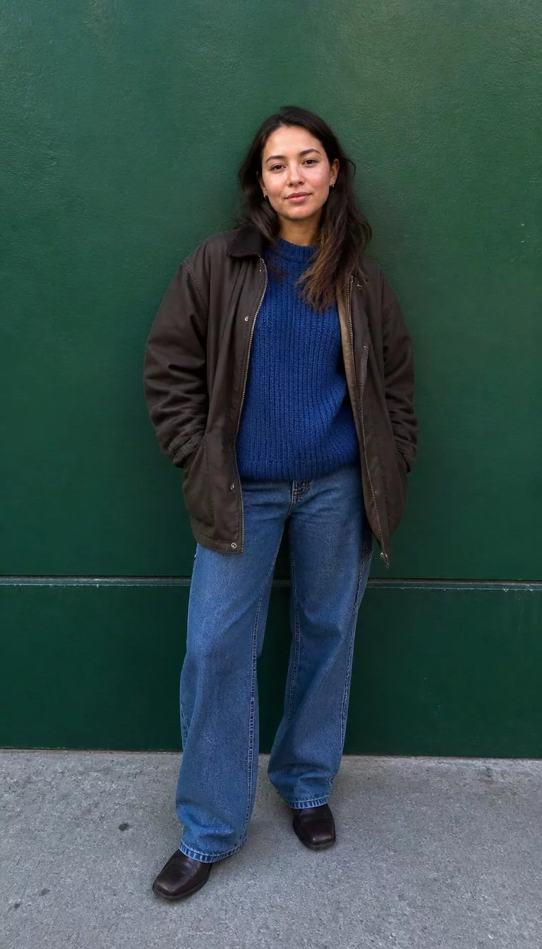 Chunky Blue Sweater and Diverse Denim A photorealistic full body shot of a 27-year-old Latina woman with a oblong face, light, rounded nose, straight eyebrows, and thin lips. Her face features faint freckles across the nose, subtle acne marks, and subtle natural facial asymmetry. She has monolid blue eyes, rounded cheeks, subtle smile, thoughtful. She is petite with brown hair and is wearing a chunky blue sweater, oversized jacket, and various denim styles, green background, no people in the background, high-quality mobile photography, shot on an iPhone 14.