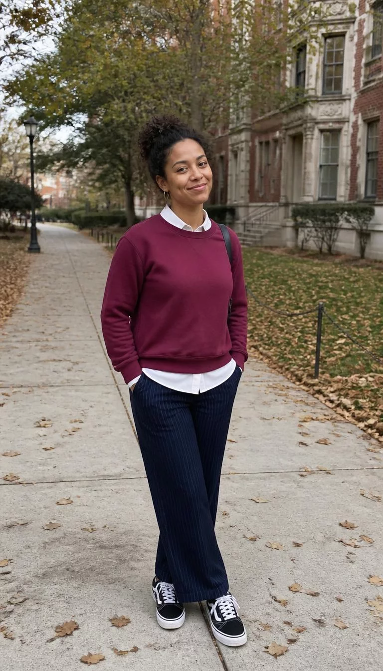 Maroon Sweatshirt and Navy Pinstriped Trousers A photorealistic full body shot of a 36-year-old Afro-Caribbean woman with a round face, tan, button nose, softly curved eyebrows, and wide lips. Her face features dimples, subtle acne marks, and subtle natural facial asymmetry. She has downturned amber eyes, rounded cheeks, subtle smile, playful. She is slim with curly dark hair in a messy updo hair and is wearing a maroon sweatshirt over a white collared shirt, navy pinstriped trousers, and canvas sneakers, leafy autumn university campus, no people in the background, high-quality mobile photography, shot on an iPhone 14.