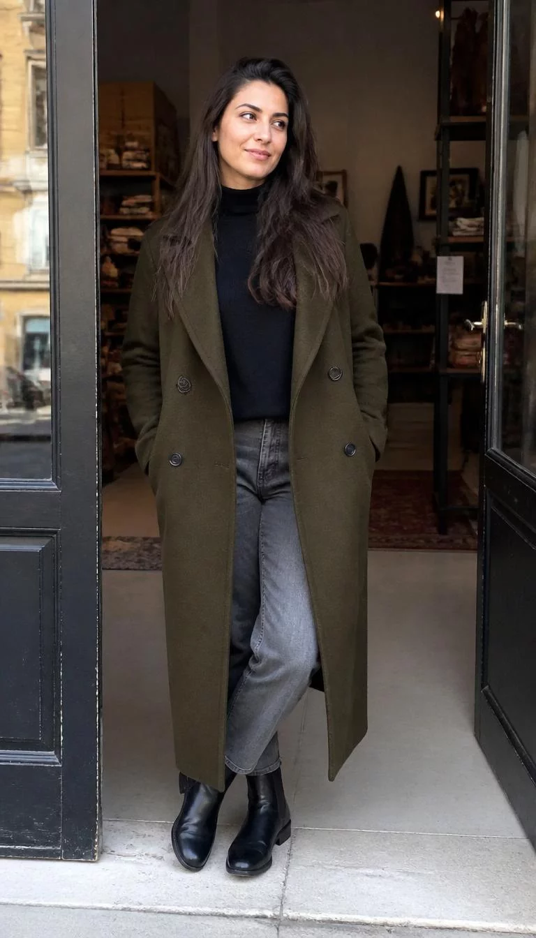 Long Olive Green Wool Coat and Grey Jeans A photorealistic full body shot of a 36-year-old Middle Eastern woman with a heart-shaped face, tan, broad nose, straight eyebrows, and full lips. Her face features slightly crooked smile, light freckles, and subtle natural facial asymmetry. She has downturned hazel eyes, high cheekbones, closed-mouth smile, thoughtful. She is average build with long, straight brown hair hair and is wearing a black high-neck sweater, a long olive-green wool coat, grey jeans, and black Chelsea boots, standing in a doorway of a shop, no people in the background, high-quality mobile photography, shot on an iPhone 14.