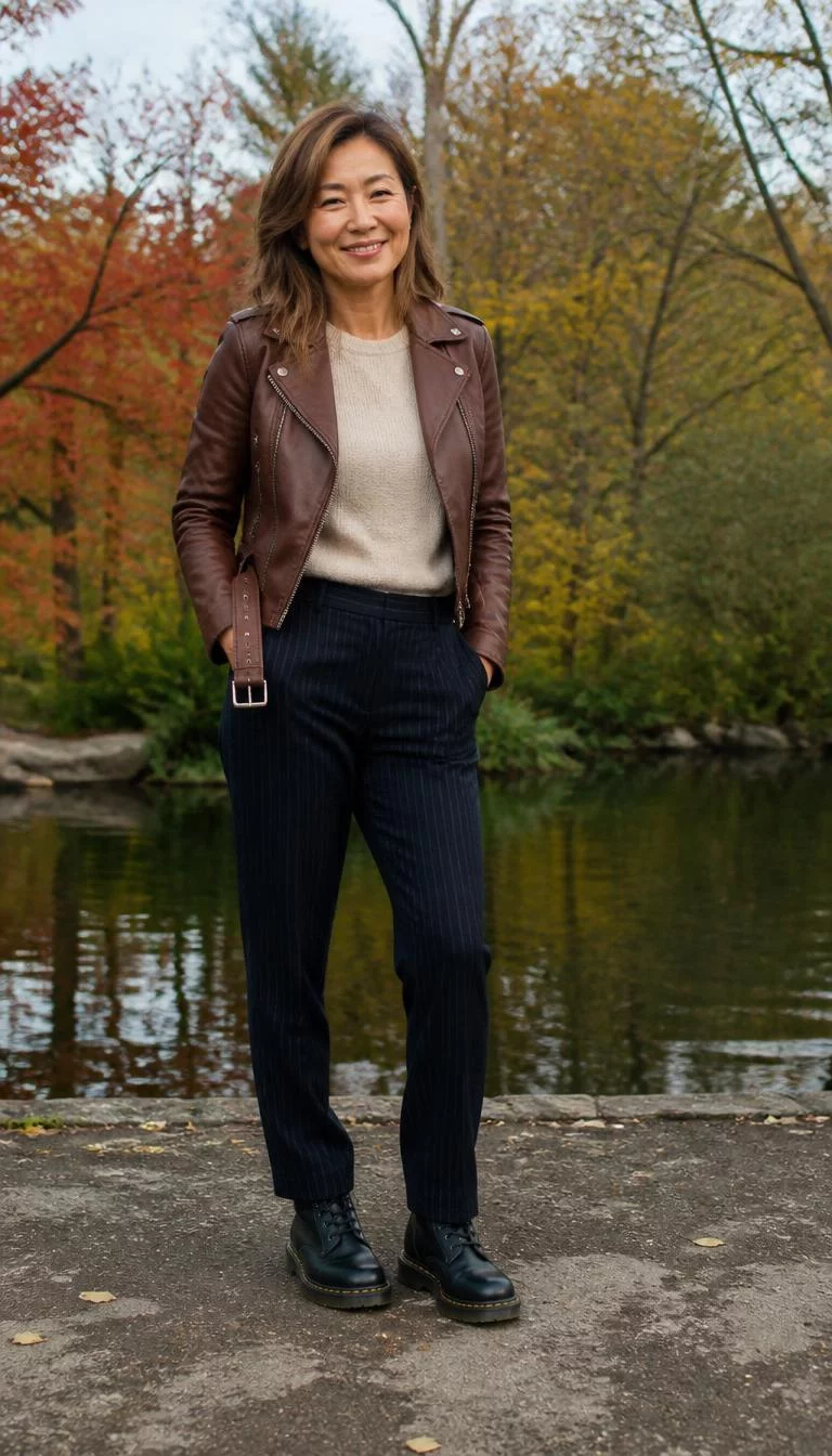 Brown Leather Jacket And Pinstripe Trousers A photorealistic full body shot of a 45-year-old East Asian woman with a square face, deep brown, narrow nose, thin arched eyebrows, and full lips. Her face features dimples, a few laugh lines, and subtle natural facial asymmetry. She has deep-set green eyes, pronounced cheekbones, broad smile, playful. She is average build with light brown hair and is wearing a brown leather jacket, beige sweater, dark pinstriped trousers, and Dr. Martens boots, city park setting, no people in the background, high-quality mobile photography, shot on an iPhone 14.