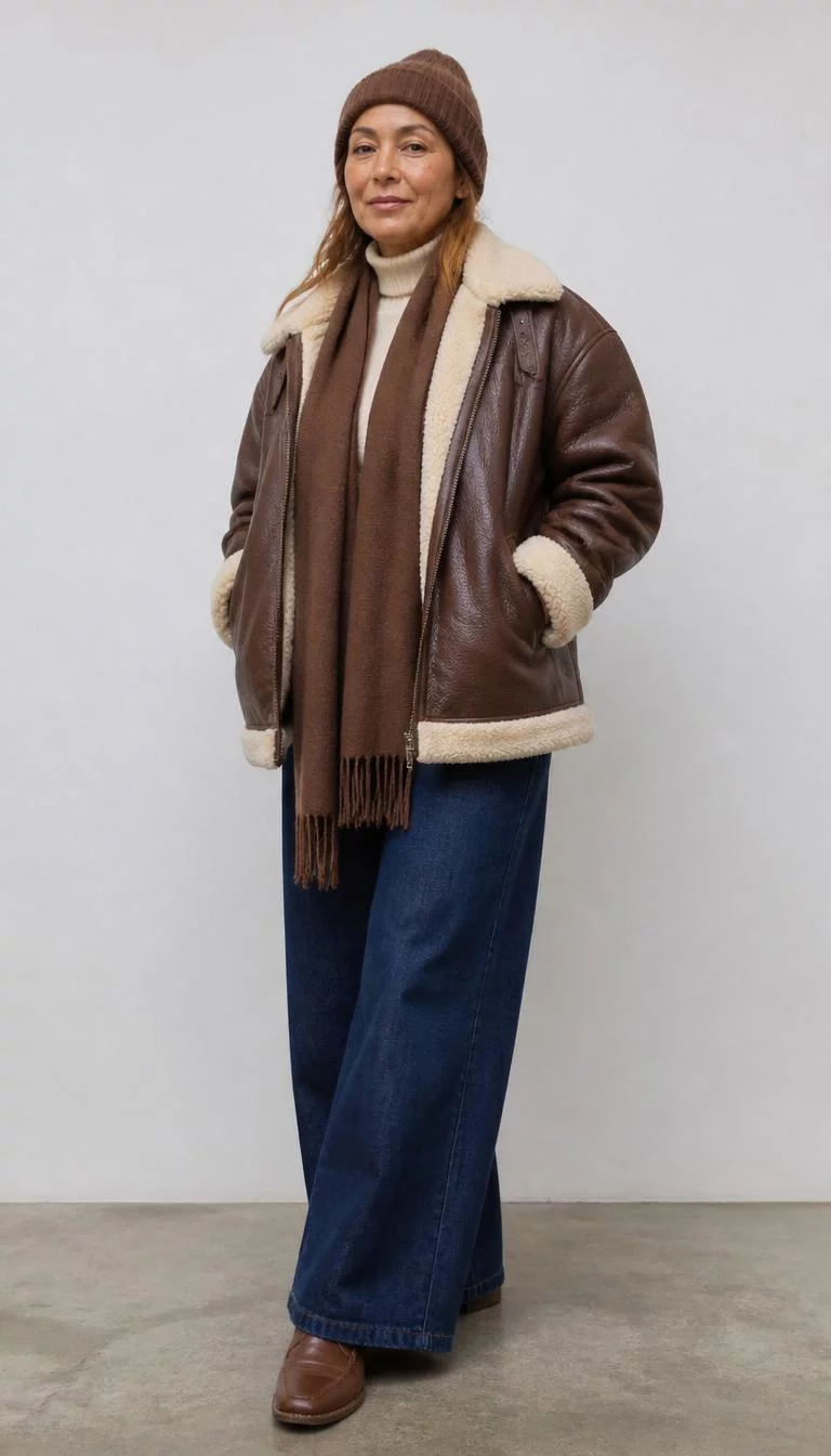 Sherpa Leather Jacket And Indigo Jeans A photorealistic full body shot of a 49-year-old Latina woman with a square face, golden brown, rounded nose, softly curved eyebrows, and thin lips. Her face features faint freckles across the nose, visible pores, and subtle natural facial asymmetry. She has deep-set amber eyes, soft cheekbones, neutral expression, playful. She is petite with light brown hair and is wearing a brown sherpa leather jacket, cream turtleneck, indigo wide-leg jeans, brown leather boots, a brown wool scarf, and a brown beanie, neutral background, no people in the background, high-quality mobile photography, shot on an iPhone 14.