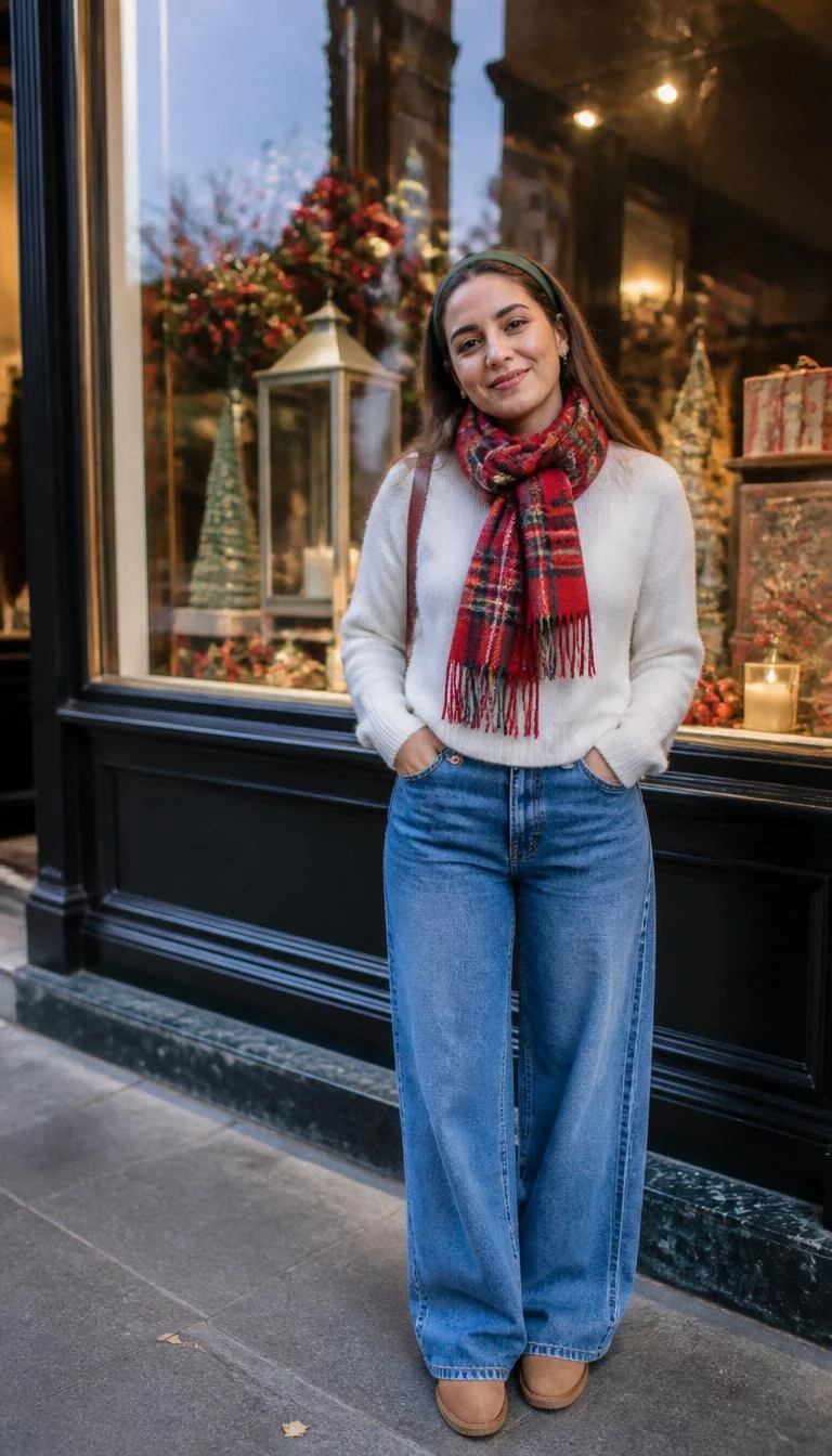 White Sweater And Plaid Scarf A photorealistic full body shot of a 34-year-old Mediterranean woman with a round face, dark brown, narrow nose, feathered eyebrows, and heart-shaped lips. Her face features beauty mark near the lip, slightly flushed cheeks, and subtle natural facial asymmetry. She has deep-set hazel eyes, rounded cheeks, broad smile, playful. She is slim with light brown hair and a headband and is wearing a white wool sweater, blue wide-leg jeans, and a red plaid scarf, shop window background, no people in the background, high-quality mobile photography, shot on an iPhone 14.