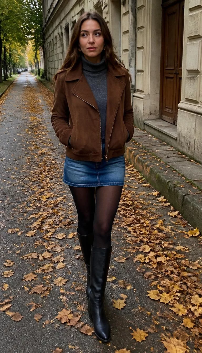 Suede Jacket And Denim Mini Skirt A photorealistic full body shot of a 28-year-old Eastern European woman with a oblong face, dark brown, aquiline nose, thick natural eyebrows, and wide lips. Her face features gap between front teeth, a few laugh lines, and subtle natural facial asymmetry. She has downturned blue eyes, rounded cheeks, subtle smile, thoughtful. She is petite with brown hair and is wearing a brown suede jacket, grey turtleneck, short blue denim skirt, black tights, and black knee-high boots, street covered in fallen leaves, no people in the background, high-quality mobile photography, shot on an iPhone 14.