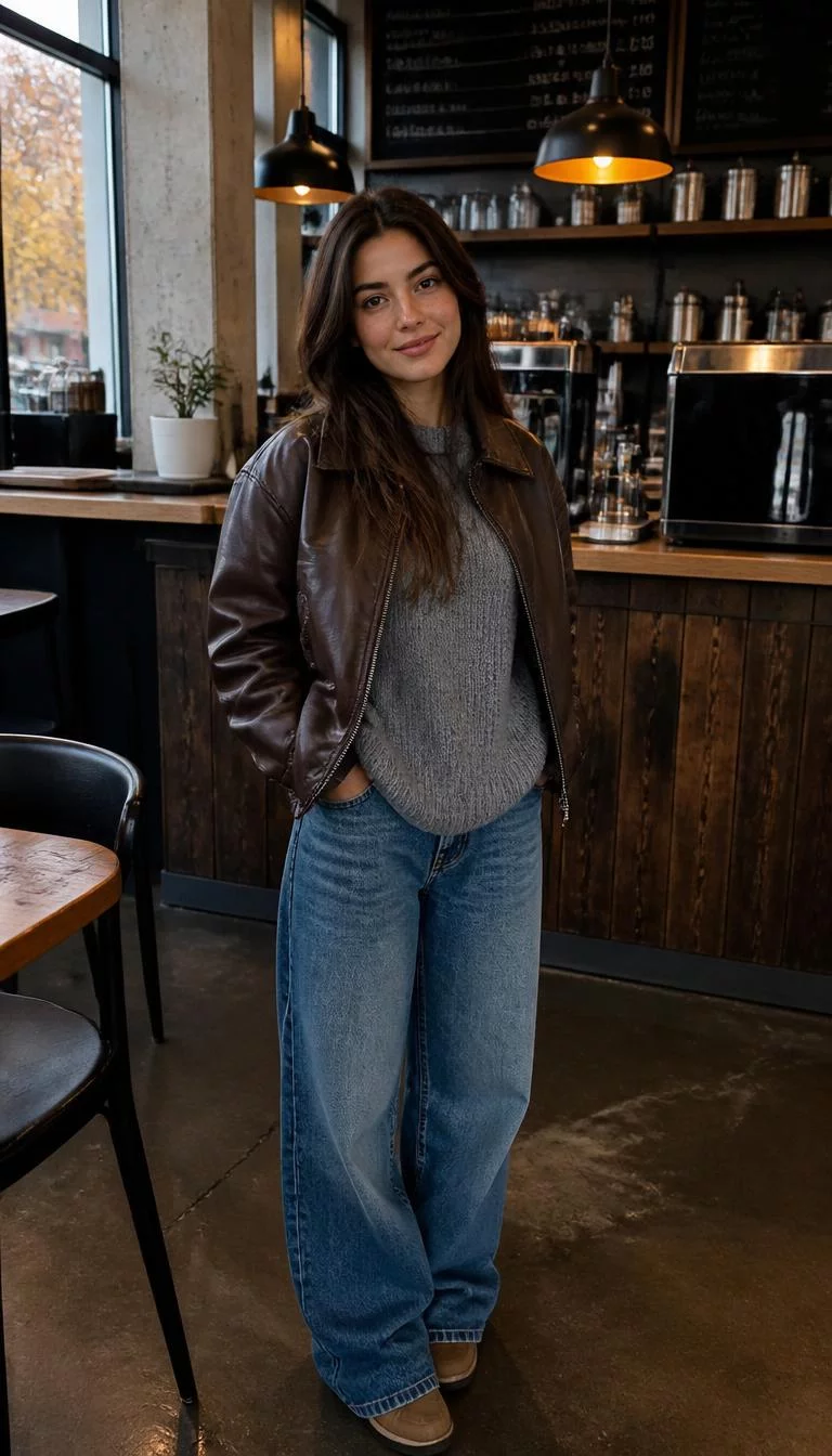 Brown Leather Jacket And Baggy Denim A photorealistic full body shot of a 28-year-old Middle Eastern woman with a oblong face, light, straight nose, thin arched eyebrows, and thin lips. Her face features dimples, subtle acne marks, and subtle natural facial asymmetry. She has almond-shaped green eyes, soft cheekbones, closed-mouth smile, cheerful. She is curvy build with brown hair and is wearing a brown leather jacket, a grey oversized sweater, and baggy blue jeans, café background, no people in the background, high-quality mobile photography, shot on an iPhone 14.