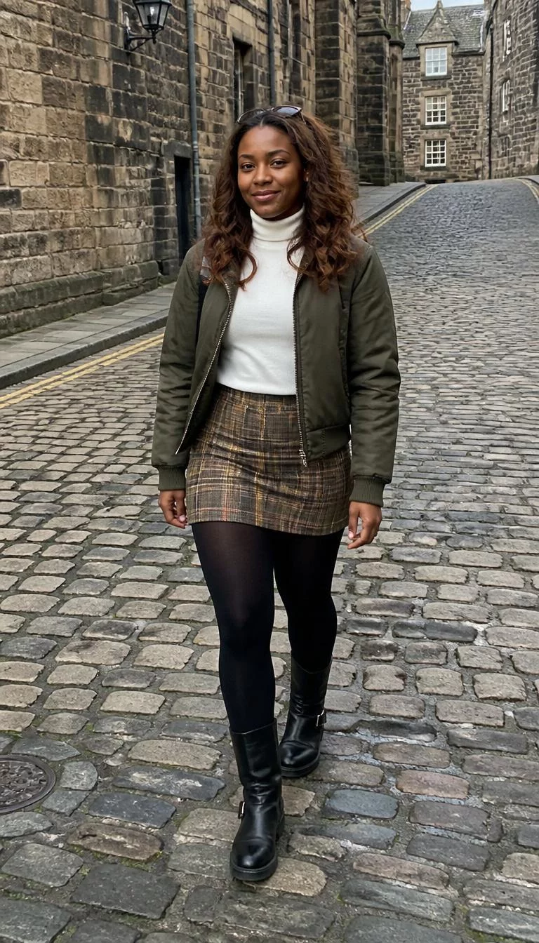 Olive Jacket And Plaid Mini Skirt A photorealistic full body shot of a 39-year-old Black African woman with a heart-shaped face, deep brown, narrow nose, thick natural eyebrows, and full lips. Her face features beauty mark near the lip, subtle acne marks, and subtle natural facial asymmetry. She has monolid amber eyes, soft cheekbones, closed-mouth smile, relaxed. She is athletic build with long, wavy brown hair and is wearing an olive green jacket, white turtleneck, plaid mini skirt, black opaque tights, and black leather boots, walking on a historic cobblestone street, no people in the background, high-quality mobile photography, shot on an iPhone 14.
