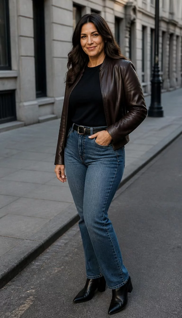Leather Jacket And Indigo Denim A photorealistic full body shot of a 46-year-old Middle Eastern woman with a pear-shaped face, light, aquiline nose, thin arched eyebrows, and heart-shaped lips. Her face features uneven eyebrows, a few laugh lines, and subtle natural facial asymmetry. She has hooded dark brown eyes, rounded cheeks, subtle smile, playful. She is curvy build with long dark brown hair and is wearing a brown leather jacket, dark t-shirt, blue jeans, and a black belt, city street background, no people in the background, high-quality mobile photography, shot on an iPhone 14.