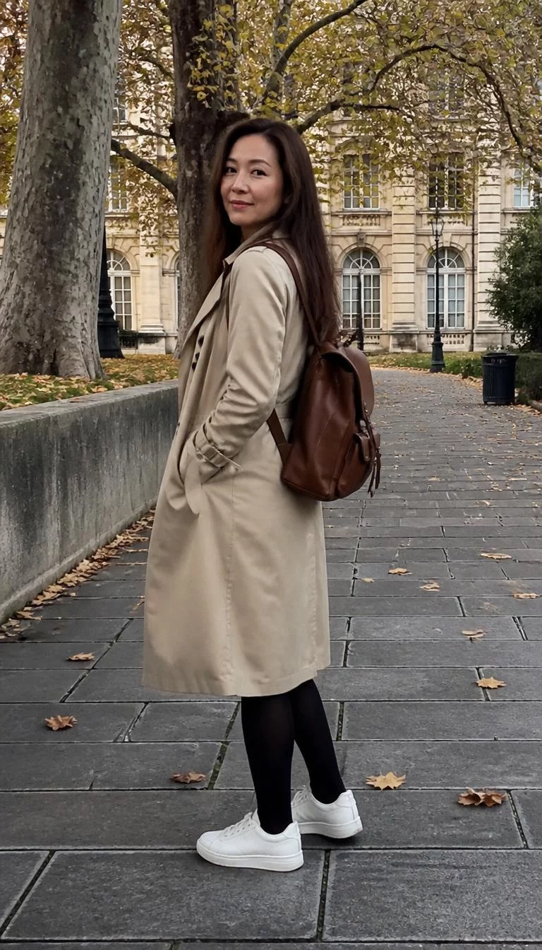 Trench Coat And Leather Backpack A photorealistic full body shot of a 48-year-old East Asian woman with a oblong face, fair, aquiline nose, softly curved eyebrows, and heart-shaped lips. Her face features slightly crooked smile, subtle acne marks, and subtle natural facial asymmetry. She has round hazel eyes, soft cheekbones, closed-mouth smile, playful. She is athletic build with long brown hair and is wearing a beige trench coat and a dark brown leather backpack, autumnal city park with historical architecture, no people in the background, high-quality mobile photography, shot on an iPhone 14.