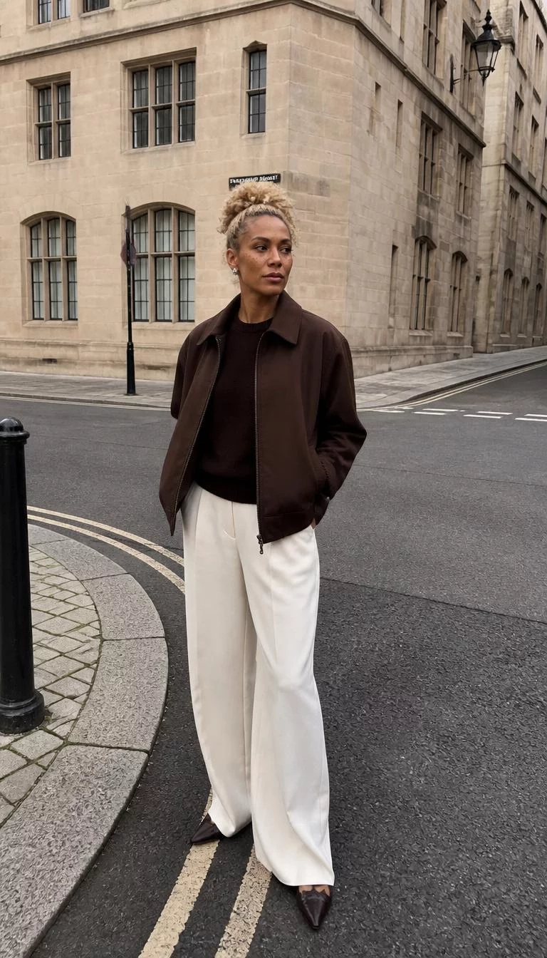 Brown Jacket And White Wide Leg Trousers A photorealistic full body shot of a 39-year-old Black African woman with a heart-shaped face, dark brown, aquiline nose, feathered eyebrows, and thin lips. Her face features widow's peak hairline, light freckles, and subtle natural facial asymmetry. She has almond-shaped amber eyes, high cheekbones, neutral expression, cheerful. She is athletic build with blonde hair in a bun and is wearing a brown jacket over a dark sweater and white wide-leg trousers, standing at an intersection in a stone city, no people in the background, high-quality mobile photography, shot on an iPhone 14.