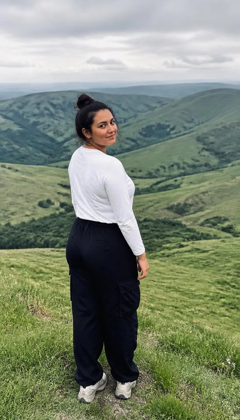 White Long Sleeve And Black Cargo Pants A photorealistic full body shot of a 28-year-old Middle Eastern woman with a pear-shaped face, dark brown, button nose, softly curved eyebrows, and wide lips. Her face features faint freckles across the nose, faint under-eye shadows, and subtle natural facial asymmetry. She has deep-set dark brown eyes, pronounced cheekbones, broad smile, relaxed. She is curvy build with dark hair in a bun and is wearing a white long-sleeve top and black cargo pants, standing in a vast, hilly green landscape, no people in the background, high-quality mobile photography, shot on an iPhone 14.