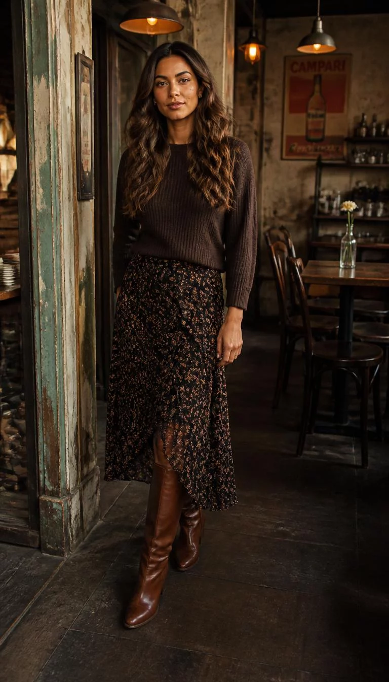 Floral Midi Skirt And Dark Sweater A photorealistic full body shot of a 34-year-old South Asian woman with a oblong face, golden brown, button nose, thin arched eyebrows, and heart-shaped lips. Her face features beauty mark near the lip, light freckles, and subtle natural facial asymmetry. She has hooded green eyes, pronounced cheekbones, neutral expression, confident. She is athletic build with long brown curls and is wearing a dark brown sweater, a dark floral midi skirt, and brown leather boots, inside a rustic vintage café, no people in the background, high-quality mobile photography, shot on an iPhone 14.