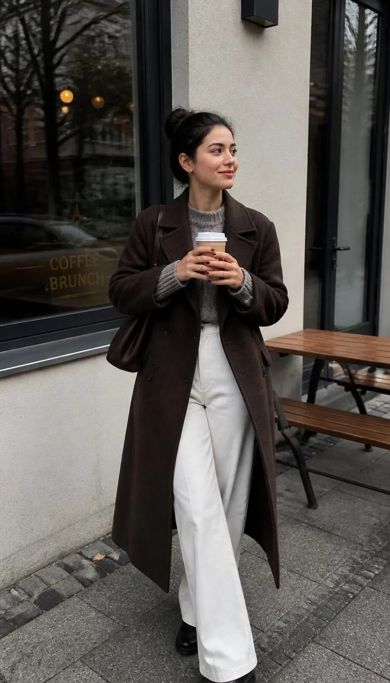 Long Brown Coat And White Trousers A photorealistic full body shot of a 27-year-old Middle Eastern woman with a pear-shaped face, fair, straight nose, thin arched eyebrows, and heart-shaped lips. Her face features gap between front teeth, a few laugh lines, and subtle natural facial asymmetry. She has deep-set dark brown eyes, soft cheekbones, closed-mouth smile, cheerful. She is slim with dark brown hair in a bun and is wearing a long dark brown coat over a grey sweater and white trousers, holding a coffee cup, outside a café, no people in the background, high-quality mobile photography, shot on an iPhone 14.
