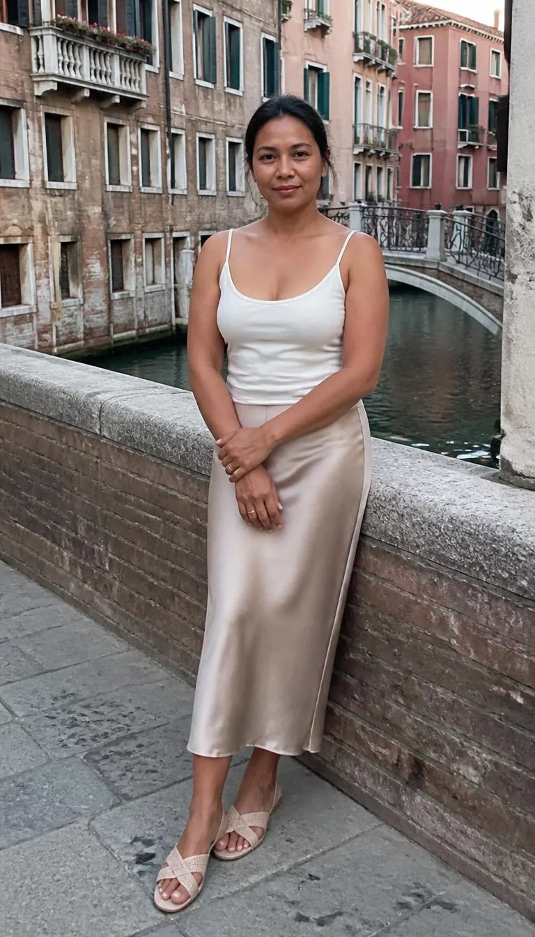 A photorealistic full body shot of a 47-year-old South Asian woman with a pear-shaped face, light, narrow nose, softly curved eyebrows, and heart-shaped lips. Her face features dimples, subtle acne marks, and subtle natural facial asymmetry. She has monolid blue eyes, rounded cheeks, neutral expression, relaxed. She is slim with brunette low bun hair and is wearing a white tank top and a champagne-colored silk midi skirt, near a canal in a historic European urban setting, no people in the background, high-quality mobile photography, shot on an iPhone 14.