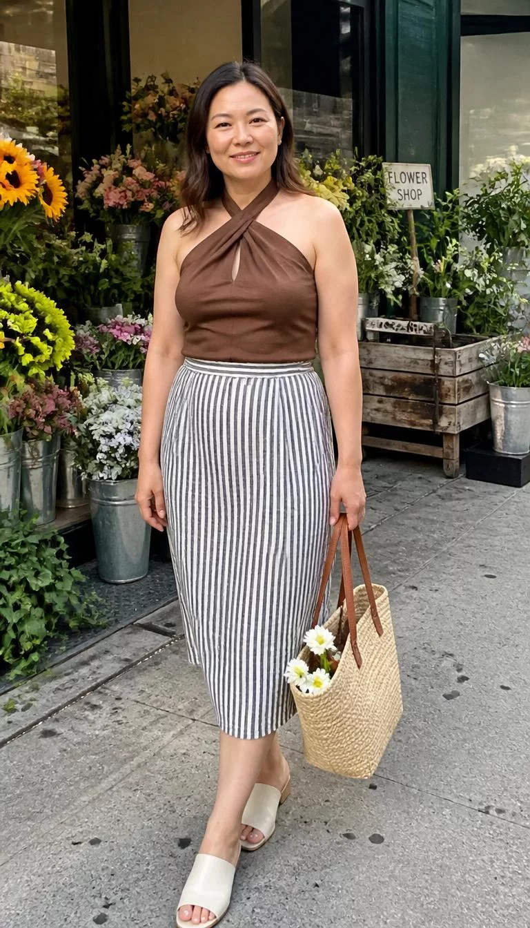 A photorealistic full body shot of a 44-year-old East Asian woman with a round face, dark brown, rounded nose, feathered eyebrows, and wide lips. Her face features beauty mark near the lip, subtle acne marks, and subtle natural facial asymmetry. She has round amber eyes, soft cheekbones, broad smile, confident. She is average build with dark brunette hair hair and is wearing a brown halter neck top and a striped midi skirt, carrying a straw bag, near a flower shop, no people in the background, high-quality mobile photography, shot on an iPhone 14.