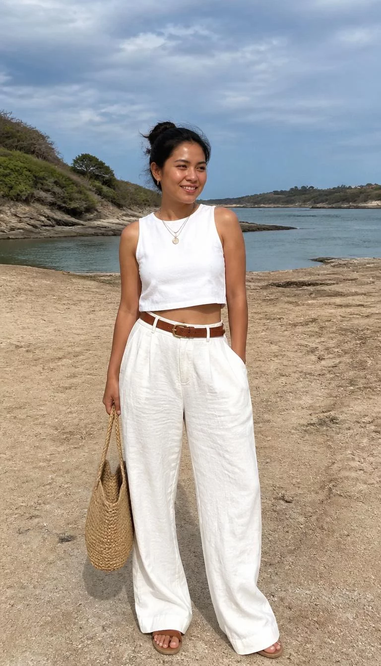A photorealistic full body shot of a 33-year-old Southeast Asian woman with a oval face, golden brown, broad nose, thick natural eyebrows, and full lips. Her face features gap between front teeth, slightly flushed cheeks, and subtle natural facial asymmetry. She has downturned blue eyes, pronounced cheekbones, broad smile, thoughtful. She is average build with dark hair bun hair and is wearing a sleeveless white cropped top and matching oversized white linen trousers with a brown belt and straw tote, coastal setting, no people in the background, high-quality mobile photography, shot on an iPhone 14.