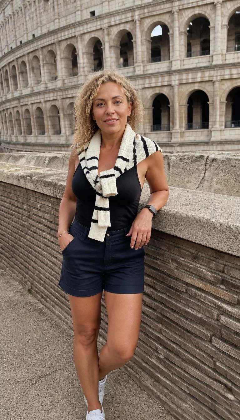 A photorealistic full body shot of a 48-year-old Mixed-race woman with a heart-shaped face, dark brown, aquiline nose, feathered eyebrows, and full lips. Her face features beauty mark near the lip, light freckles, and subtle natural facial asymmetry. She has upturned blue eyes, pronounced cheekbones, closed-mouth smile, cheerful. She is athletic build with blonde hair and is wearing a black tank top with a striped sweater tied over her shoulders, stone wall near the Roman Colosseum, no people in the background, high-quality mobile photography, shot on an iPhone 14.