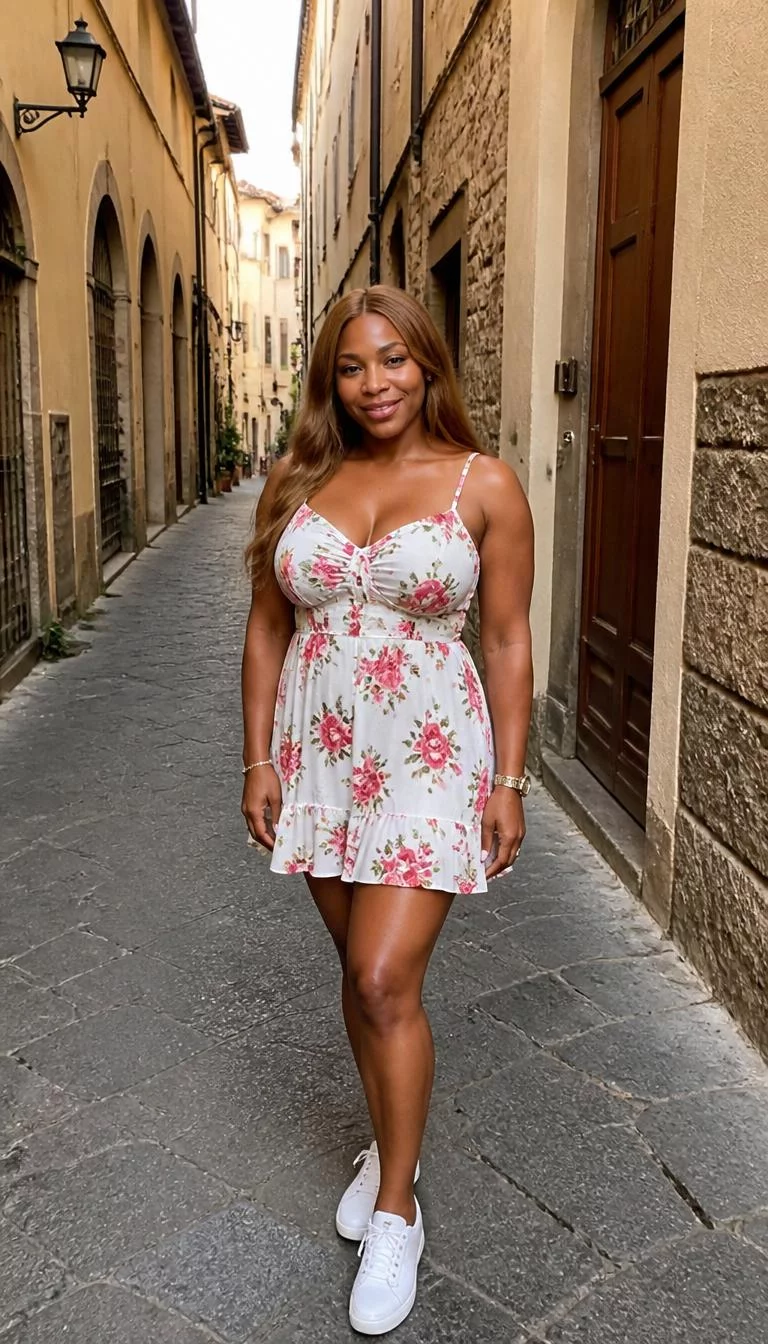 A photorealistic full body shot of a 39-year-old Black African woman with a square face, deep brown, straight nose, feathered eyebrows, and thin lips. Her face features dimples, visible pores, and subtle natural facial asymmetry. She has monolid green eyes, soft cheekbones, subtle smile, cheerful. She is curvy build with light brown long hair and is wearing a short white floral sun dress, narrow street in Florence, no people in the background, high-quality mobile photography, shot on an iPhone 14.