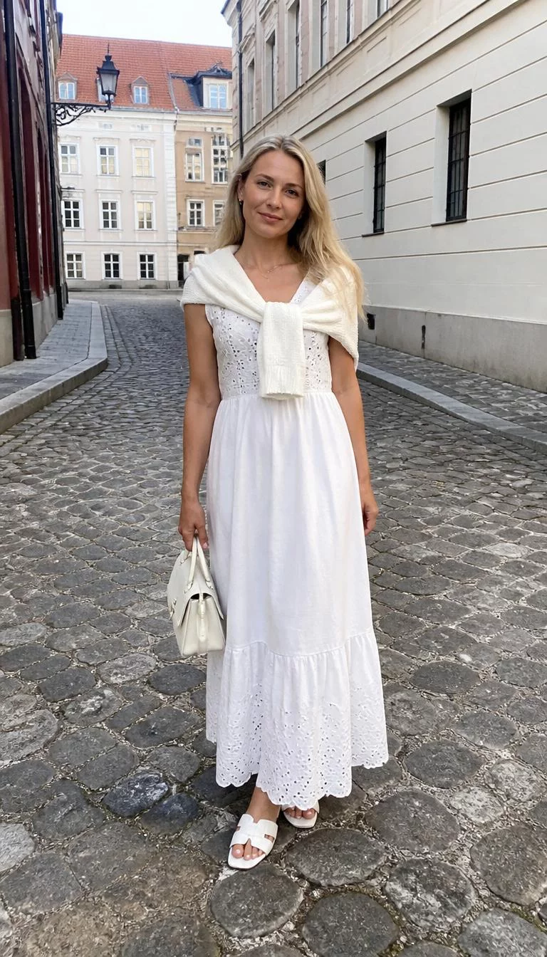A photorealistic full body shot of a 35-year-old Eastern European woman with a pear-shaped face, golden brown, narrow nose, softly curved eyebrows, and wide lips. Her face features slightly crooked smile, slightly flushed cheeks, and subtle natural facial asymmetry. She has upturned gray eyes, soft cheekbones, neutral expression, cheerful. She is petite with blonde loose straight hair and is wearing a long white dress with a sweater draped over her shoulders, carrying a white handbag, stone-paved European cobblestone street, no people in the background, high-quality mobile photography, shot on an iPhone 14.
