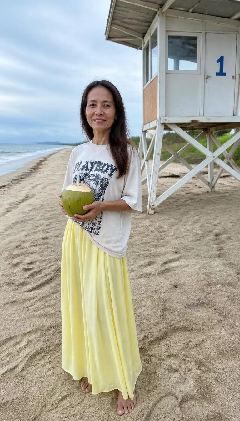 Graphic T-Shirt and Flowing Maxi Skirt A photorealistic full body shot of a 49-year-old Southeast Asian woman with a heart-shaped face, dark brown, aquiline nose, thick natural eyebrows, and thin lips. Her face features gap between front teeth, subtle acne marks, and subtle natural facial asymmetry. She has almond-shaped blue eyes, high cheekbones, subtle smile, confident. She is slim with long dark hair and is wearing a oversized graphic-print t-shirt, pale yellow flowing maxi skirt, holding a coconut on a beach near a lifeguard tower, no people in the background, high-quality mobile photography, shot on an iPhone 14.