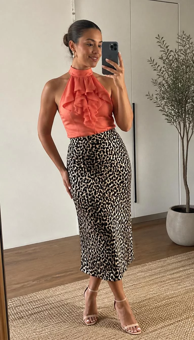 Ruffled Halter Top and Leopard Print Skirt A photorealistic full body shot of a 31-year-old Middle Eastern woman with a round face, dark brown, rounded nose, feathered eyebrows, and wide lips. Her face features slightly crooked smile, light freckles, and subtle natural facial asymmetry. She has downturned dark brown eyes, high cheekbones, broad smile, playful. She is slim with dark brown hair in a very sleek bun hair and is wearing a coral-colored ruffled halter top, leopard-print mid-length skirt, posing for a mirror selfie, no people in the background, high-quality mobile photography, shot on an iPhone 14.