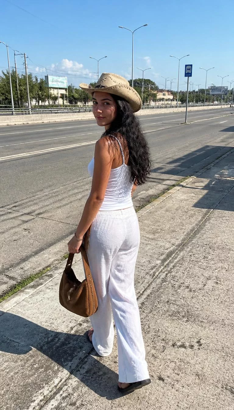White Tank Top and Linen Trousers with Cowboy Hat A photorealistic full body shot of a 28-year-old Southern European woman with a diamond face, dark brown, rounded nose, feathered eyebrows, and full lips. Her face features faint freckles across the nose, subtle acne marks, and subtle natural facial asymmetry. She has upturned green eyes, high cheekbones, subtle smile, confident. She is petite with long dark hair and is wearing a white tank top, white linen trousers, cowboy hat, holding a bag, walking on a roadside near a busy street, no people in the background, high-quality mobile photography, shot on an iPhone 14.