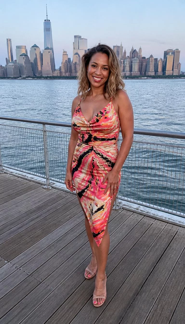 Cocktail Dresses for a Waterfront Night A photorealistic full body shot of a 41-year-old Mixed-race woman with a oval face, light, aquiline nose, thick natural eyebrows, and full lips. Her face features small scar on the eyebrow, subtle acne marks, and subtle natural facial asymmetry. She has hooded hazel eyes, pronounced cheekbones, broad smile, cheerful. She is petite with blonde and brunette hair and is wearing a colorful cocktail dress, standing on a waterfront boardwalk with a cityscape of skyscrapers in the distance, no people in the background, high-quality mobile photography, shot on an iPhone 14.