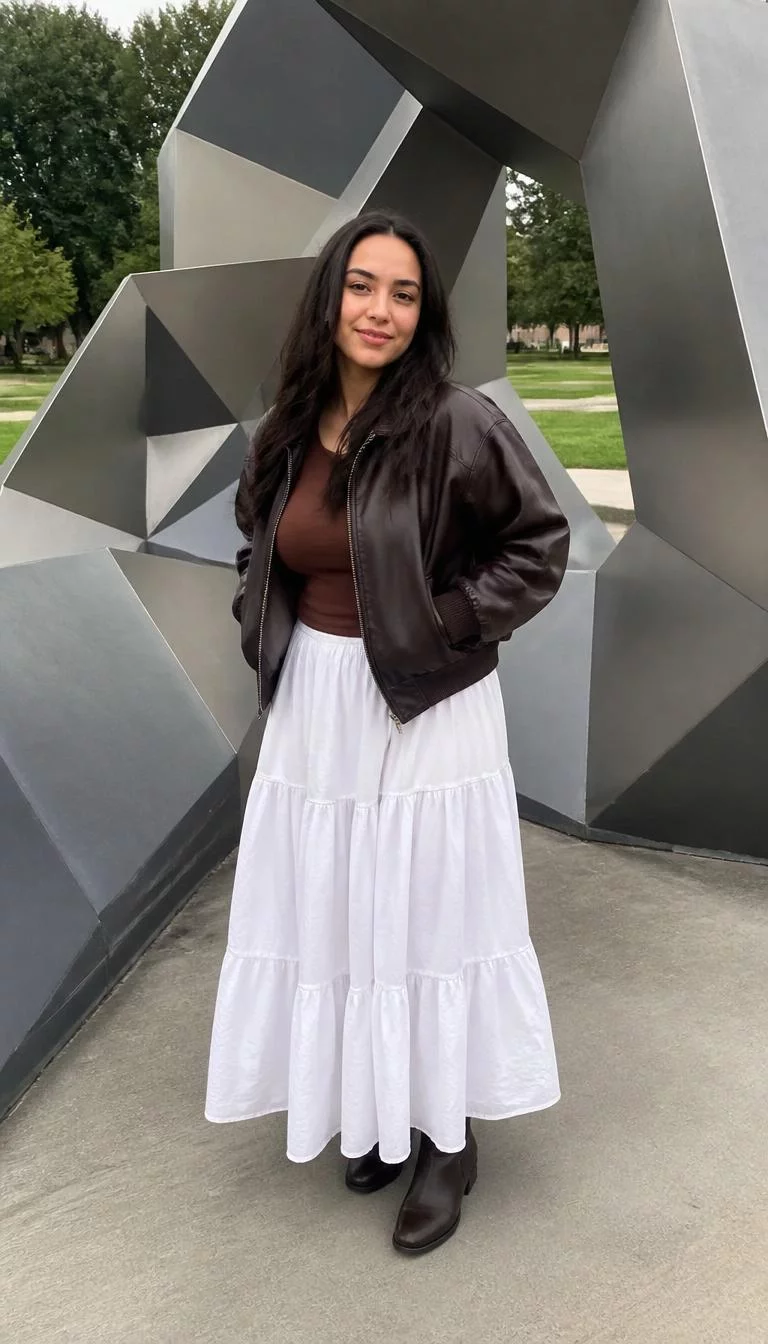 A photorealistic full body shot of a 32-year-old Mixed-race woman with a oblong face, light, narrow nose, thick natural eyebrows, and wide lips. Her face features uneven eyebrows, subtle acne marks, and subtle natural facial asymmetry. She has round gray eyes, pronounced cheekbones, closed-mouth smile, playful. She is curvy build with long dark hair hair and is wearing a brown top, a brown leather bomber jacket, and a long white tiered skirt, outdoors next to a geometric sculpture, no people in the background, high-quality mobile photography, shot on an iPhone 14.