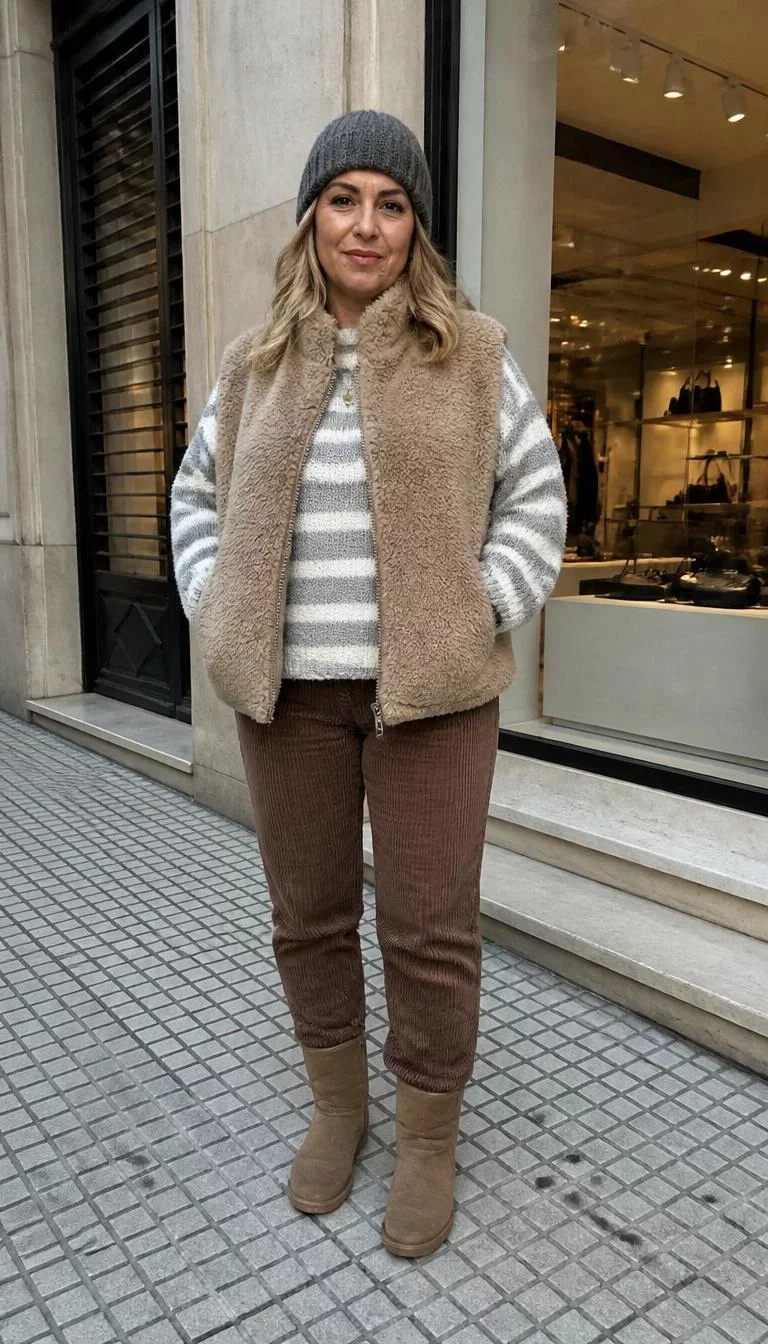 Striped Sweater And Teddy Bear Vest A photorealistic full body shot of a 49-year-old Southern European woman with a oval face, fair, rounded nose, thick natural eyebrows, and wide lips. Her face features beauty mark near the lip, visible pores, and subtle natural facial asymmetry. She has round hazel eyes, pronounced cheekbones, closed-mouth smile, cheerful. She is curvy build with blonde hair and is wearing a grey beanie, a grey-and-white striped sweater, a brown teddy-bear vest, corduroy trousers, and brown Ugg-style boots, urban storefront setting, no people in the background, high-quality mobile photography, shot on an iPhone 14.