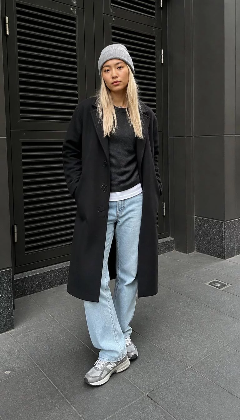 Long Black Coat And Light Wash Straight Jeans A photorealistic full body shot of a 26-year-old East Asian woman with a square face, tan, broad nose, straight eyebrows, and heart-shaped lips. Her face features small scar on the eyebrow, faint under-eye shadows, and subtle natural facial asymmetry. She has downturned amber eyes, high cheekbones, neutral expression, playful. She is slim with blonde hair and is wearing a grey beanie, a black long coat, dark grey sweater, white undershirt, light-wash straight jeans, and grey-and-white athletic sneakers, outside a building on a street, no people in the background, high-quality mobile photography, shot on an iPhone 14.