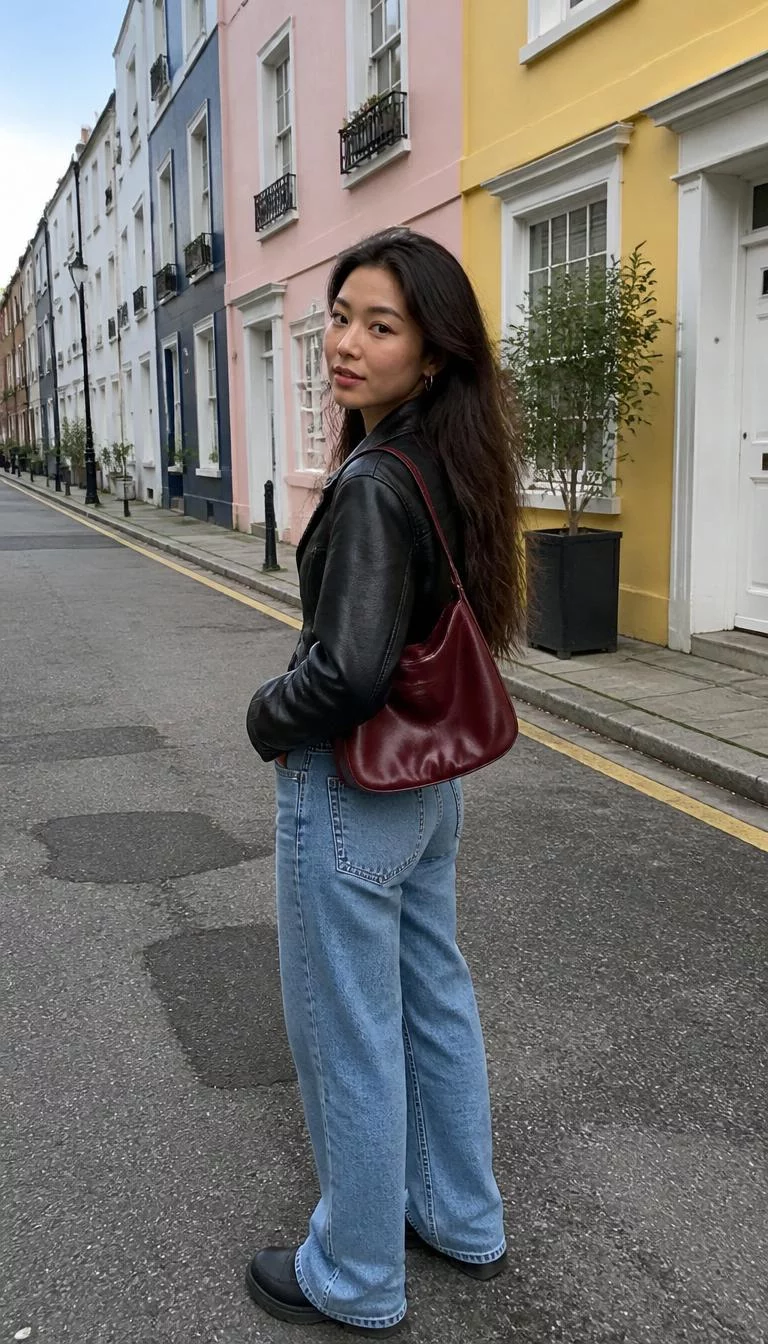 Black Leather Jacket And Burgundy Shoulder Bag A photorealistic full body shot of a 24-year-old East Asian woman with a square face, light, upturned nose, thin arched eyebrows, and heart-shaped lips. Her face features dimples, visible pores, and subtle natural facial asymmetry. She has monolid amber eyes, pronounced cheekbones, neutral expression, relaxed. She is petite with brunette long wavy hair and is wearing a black leather jacket over blue jeans, and she carries a medium-sized burgundy leather bag, street lined with colorful houses, no people in the background, high-quality mobile photography, shot on an iPhone 14.