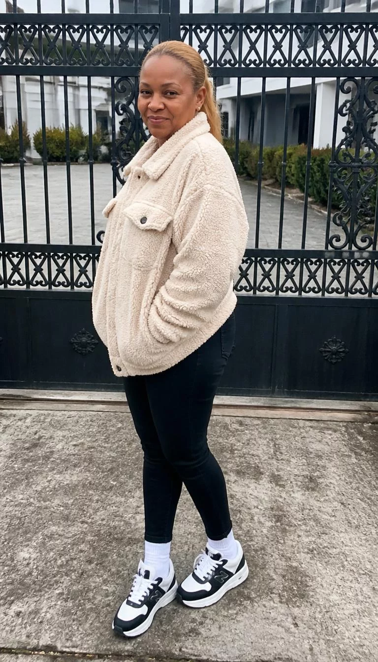 Beige Sherpa Jacket And Black Jeans A photorealistic full body shot of a 49-year-old Black African woman with a oblong face, fair, button nose, softly curved eyebrows, and full lips. Her face features widow's peak hairline, visible pores, and subtle natural facial asymmetry. She has hooded amber eyes, rounded cheeks, subtle smile, playful. She is petite with blonde hair in a simple ponytail and is wearing a beige sherpa jacket, black jeans, white socks, and white-and-black trainers, standing outside a black iron gate, no people in the background, high-quality mobile photography, shot on an iPhone 14.
