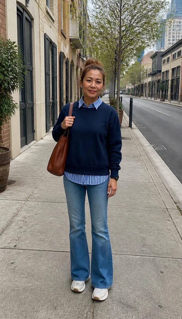 Navy Sweatshirt And Flare Jeans A photorealistic full body shot of a 46-year-old Southeast Asian woman with a heart-shaped face, tan, straight nose, softly curved eyebrows, and wide lips. Her face features dimples, a few laugh lines, and subtle natural facial asymmetry. She has hooded green eyes, pronounced cheekbones, neutral expression, cheerful. She is average build with light brown hair styled in a high claw-clip bun and is wearing a navy sweatshirt over a blue striped shirt, flare jeans, and she carries a large brown leather shoulder bag, city street, no people in the background, high-quality mobile photography, shot on an iPhone 14.