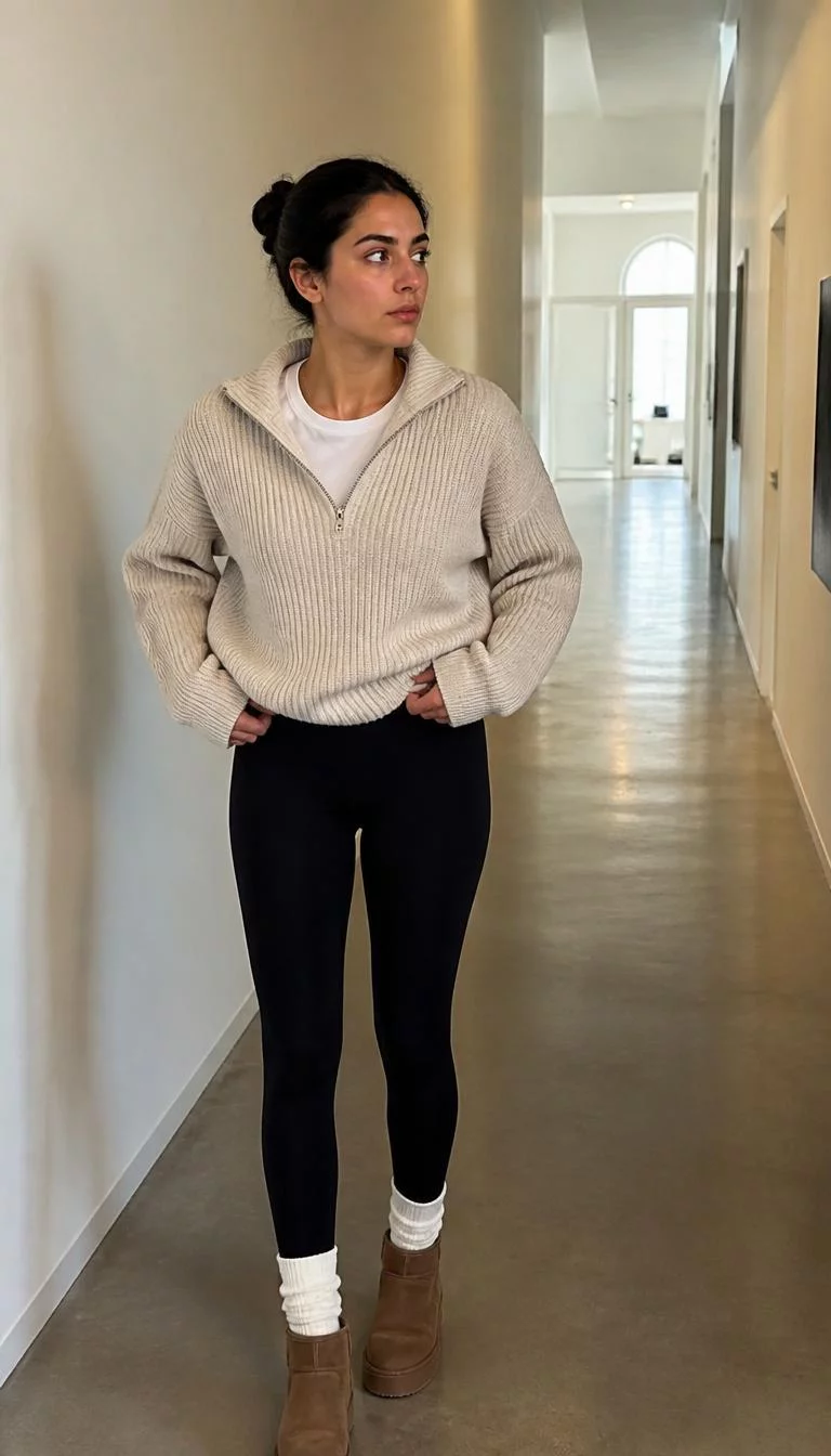 Ribbed Quarter Zip Sweater And Black Leggings A photorealistic full body shot of a 27-year-old Middle Eastern woman with a square face, tan, aquiline nose, straight eyebrows, and full lips. Her face features uneven eyebrows, slightly flushed cheeks, and subtle natural facial asymmetry. She has hooded green eyes, pronounced cheekbones, neutral expression, thoughtful. She is slim with brunette hair in a bun hair and is wearing a ribbed beige quarter-zip sweater over a white tee, black leggings, white socks, and brown boots, bright indoor hallway, no people in the background, high-quality mobile photography, shot on an iPhone 14.