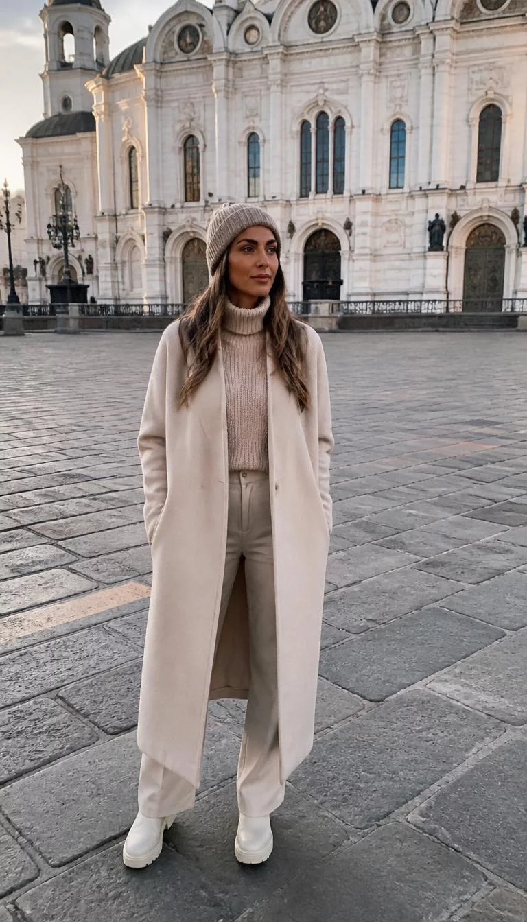 Tonal Beige Outfit With Long Coat And Beanie A photorealistic full body shot of a 37-year-old Middle Eastern woman with a diamond face, dark brown, aquiline nose, feathered eyebrows, and full lips. Her face features slightly crooked smile, visible pores, and subtle natural facial asymmetry. She has upturned green eyes, pronounced cheekbones, neutral expression, thoughtful. She is average build with long highlighted brown hair tucked into a beige beanie and is wearing a beige long coat, sweater, pants, and boots, standing in a large, paved plaza in front of a white cathedral, no people in the background, high-quality mobile photography, shot on an iPhone 14.