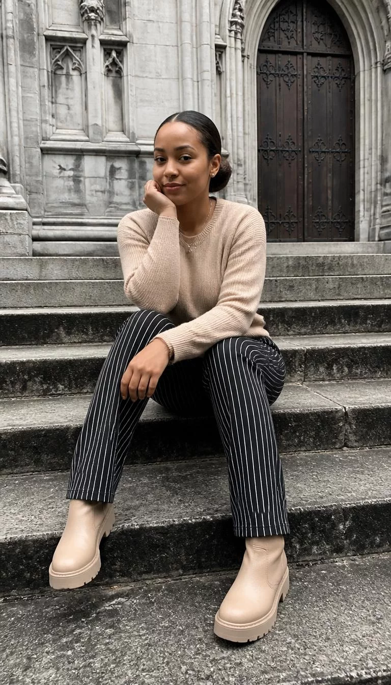 Beige Knit Sweater And Striped Trousers A photorealistic full body shot of a 23-year-old Afro-Caribbean woman with a heart-shaped face, fair, straight nose, softly curved eyebrows, and thin lips. Her face features beauty mark near the lip, faint under-eye shadows, and subtle natural facial asymmetry. She has round gray eyes, rounded cheeks, subtle smile, confident. She is slim with dark brown hair in a sleek low bun and is wearing a beige knit sweater, black and white striped trousers, and beige boots, sitting on the stone steps of a cathedral, no people in the background, high-quality mobile photography, shot on an iPhone 14.