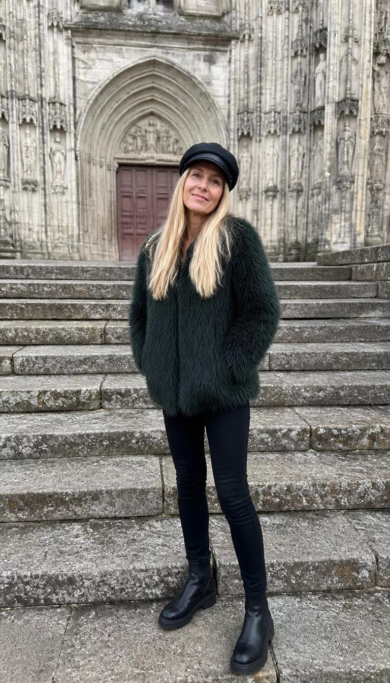 Dark Green Faux Fur Jacket And Black Skinny Jeans A photorealistic full body shot of a 49-year-old Northern European woman with a pear-shaped face, light, rounded nose, softly curved eyebrows, and wide lips. Her face features slightly crooked smile, a few laugh lines, and subtle natural facial asymmetry. She has almond-shaped amber eyes, high cheekbones, neutral expression, playful. She is petite with blonde long straight hair and is wearing a black cap, a dark green shaggy faux-fur jacket, black skinny jeans, and black boots, standing on large stone steps outside a cathedral, no people in the background, high-quality mobile photography, shot on an iPhone 14.