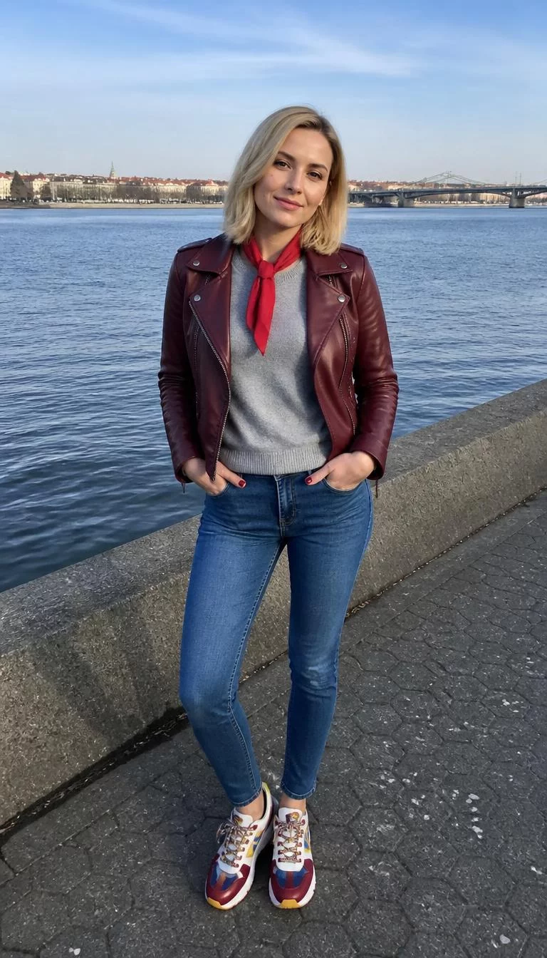 Burgundy Leather Look Jacket And Colorful Sneakers A photorealistic full body shot of a 34-year-old Eastern European woman with a diamond face, light, aquiline nose, feathered eyebrows, and full lips. Her face features beauty mark near the lip, slightly flushed cheeks, and subtle natural facial asymmetry. She has almond-shaped hazel eyes, soft cheekbones, subtle smile, confident. She is athletic build with blonde shoulder-length bob hair and is wearing a leather-look burgundy jacket, a grey sweater with a red scarf accent, blue jeans, and colorful athletic sneakers, waterfront, no people in the background, high-quality mobile photography, shot on an iPhone 14.