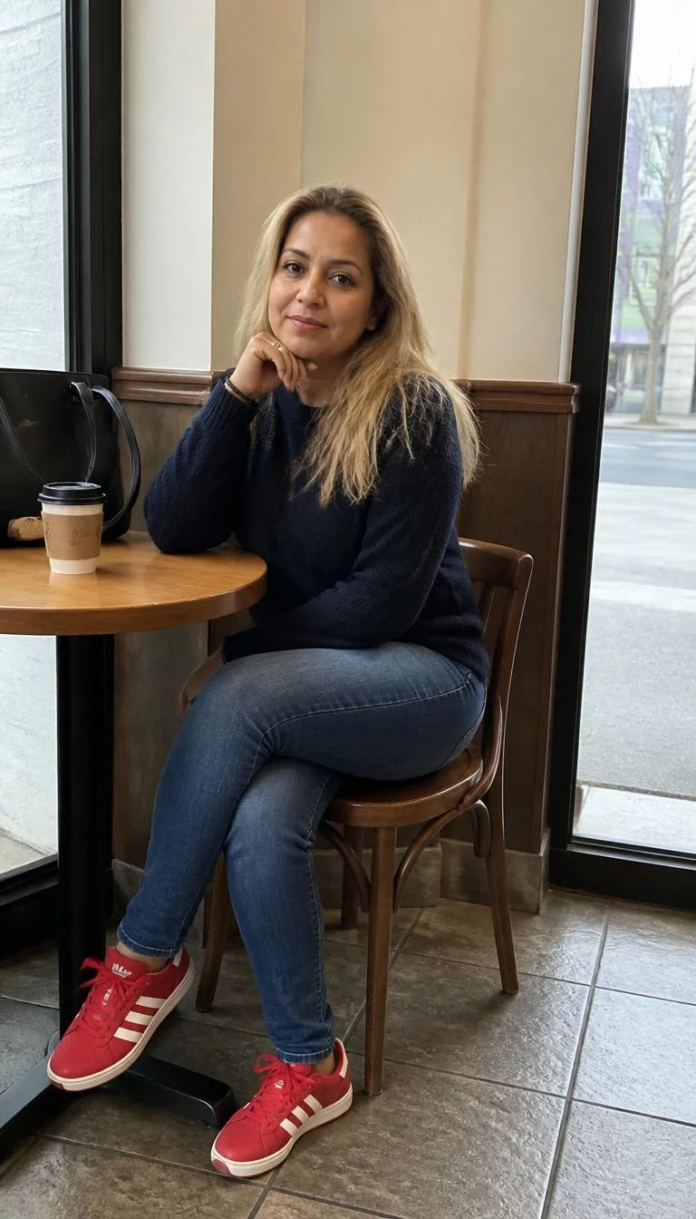 Navy Knit Sweater And Red Adidas Sneakers A photorealistic full body shot of a 47-year-old South Asian woman with a pear-shaped face, fair, rounded nose, thick natural eyebrows, and full lips. Her face features small scar on the eyebrow, faint under-eye shadows, and subtle natural facial asymmetry. She has upturned dark brown eyes, soft cheekbones, neutral expression, cheerful. She is slim with blonde hair worn down and is wearing a navy knit sweater and blue jeans with red Adidas sneakers, she carries a black tote bag, seated at a cafe window, no people in the background, high-quality mobile photography, shot on an iPhone 14.