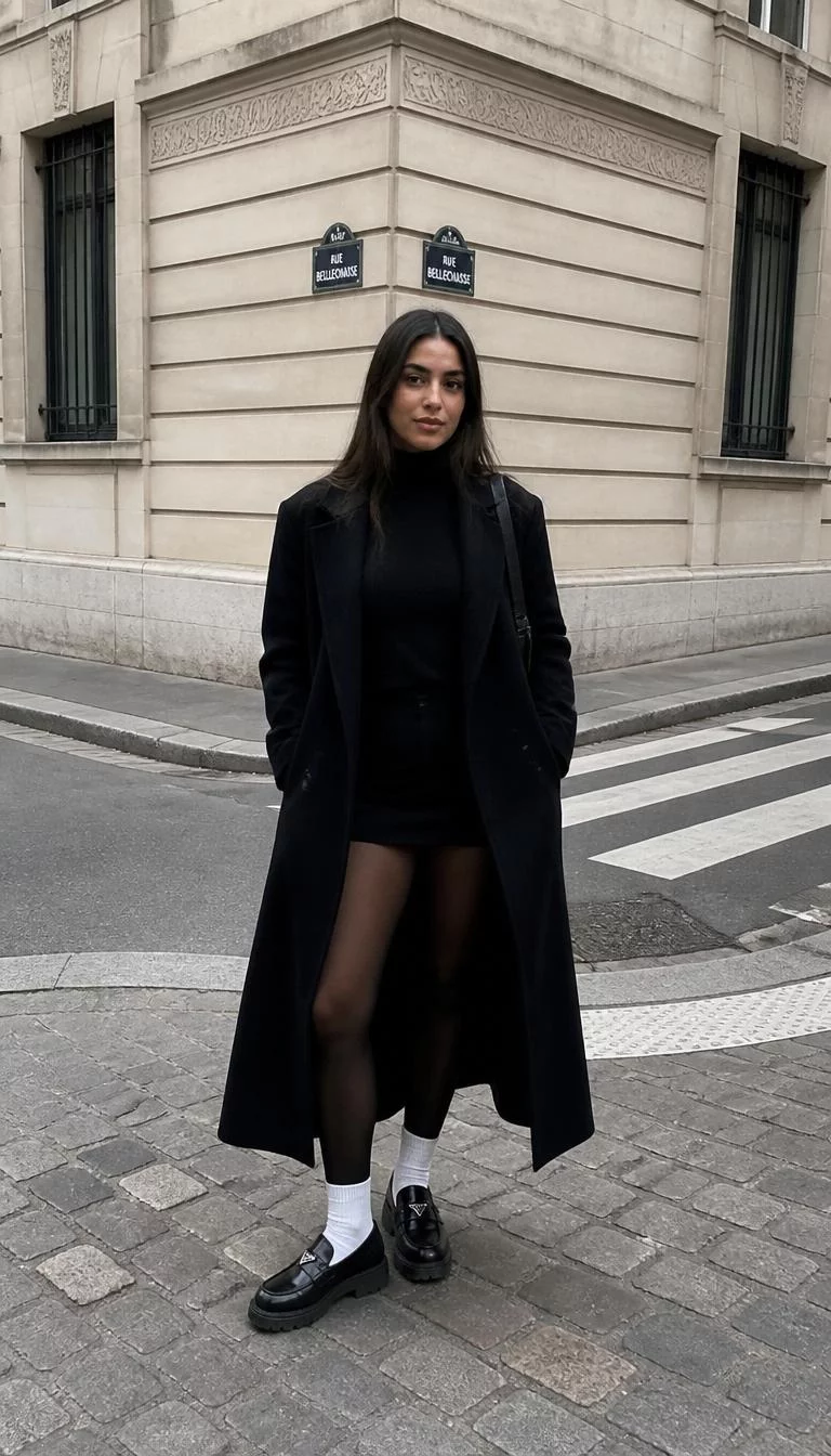 Long Black Coat And Chunky Loafers A photorealistic full body shot of a 28-year-old Middle Eastern woman with a square face, fair, straight nose, straight eyebrows, and heart-shaped lips. Her face features small scar on the eyebrow, a few laugh lines, and subtle natural facial asymmetry. She has round brown eyes, soft cheekbones, neutral expression, relaxed. She is curvy build with light brown straight hair and is wearing a long black coat over a black turtleneck, sheer black tights, white socks, and chunky black loafers, Paris street corner, no people in the background, high-quality mobile photography, shot on an iPhone 14.