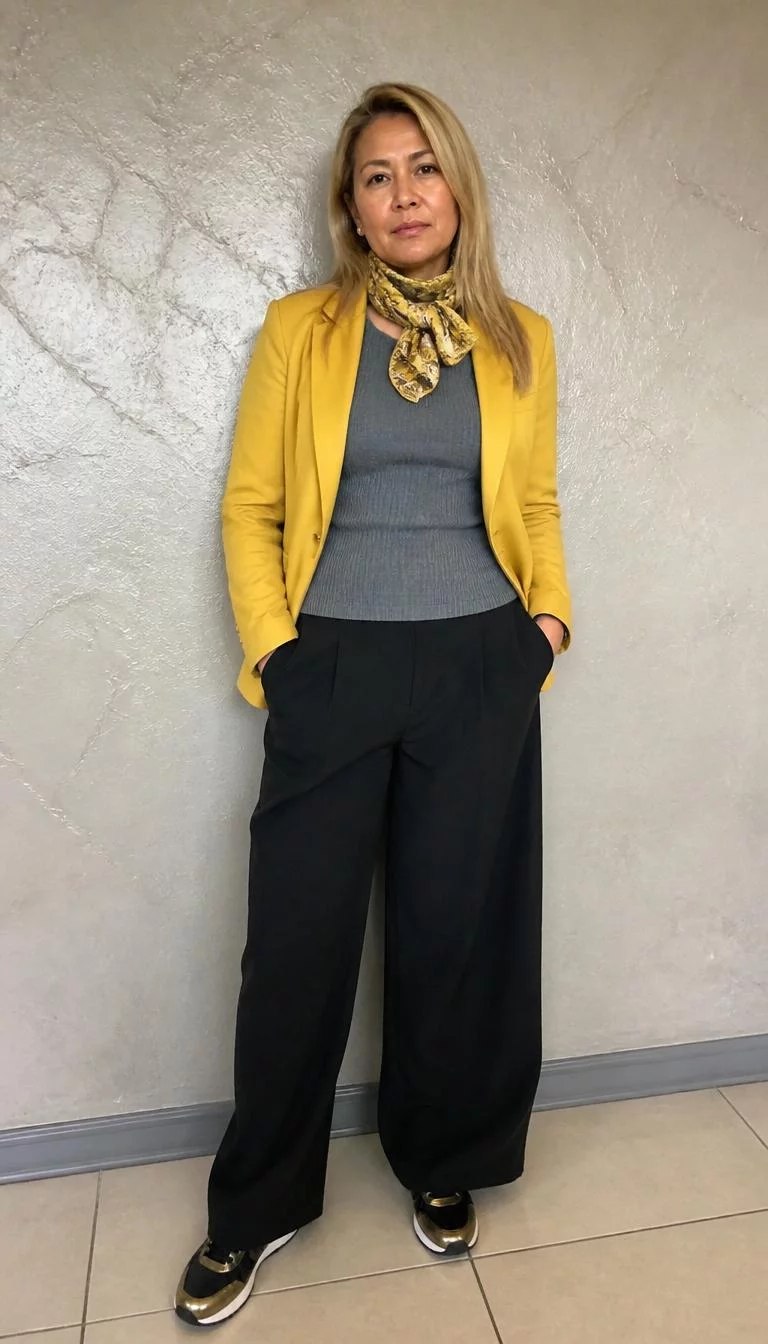 Mustard Yellow Blazer And Wide Leg Black Trousers A photorealistic full body shot of a 49-year-old South Asian woman with a square face, light, rounded nose, thin arched eyebrows, and wide lips. Her face features small scar on the eyebrow, slightly flushed cheeks, and subtle natural facial asymmetry. She has monolid gray eyes, pronounced cheekbones, neutral expression, confident. She is athletic build with blonde straight hair and is wearing a mustard-yellow blazer with a matching yellow neck scarf, a grey top, wide-leg black trousers, and gold-trimmed sneakers, leaning against a textured wall, no people in the background, high-quality mobile photography, shot on an iPhone 14.