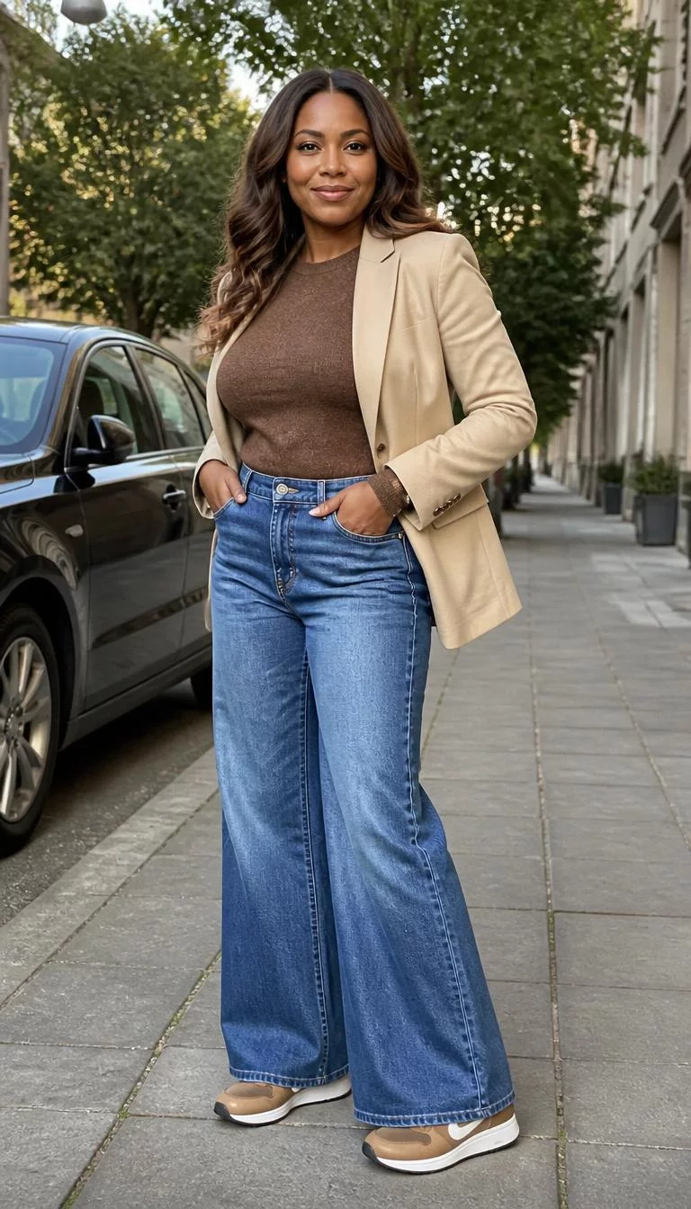 Beige Blazer And Wide Leg Blue Jeans A photorealistic full body shot of a 41-year-old Black African woman with a oblong face, fair, rounded nose, straight eyebrows, and full lips. Her face features dimples, faint under-eye shadows, and subtle natural facial asymmetry. She has almond-shaped amber eyes, pronounced cheekbones, subtle smile, cheerful. She is athletic build with brunette voluminous wavy hair and is wearing a beige blazer over a brown sweater, wide-leg blue jeans, and brown Nike sneakers, sidewalk near a parked car, no people in the background, high-quality mobile photography, shot on an iPhone 14.