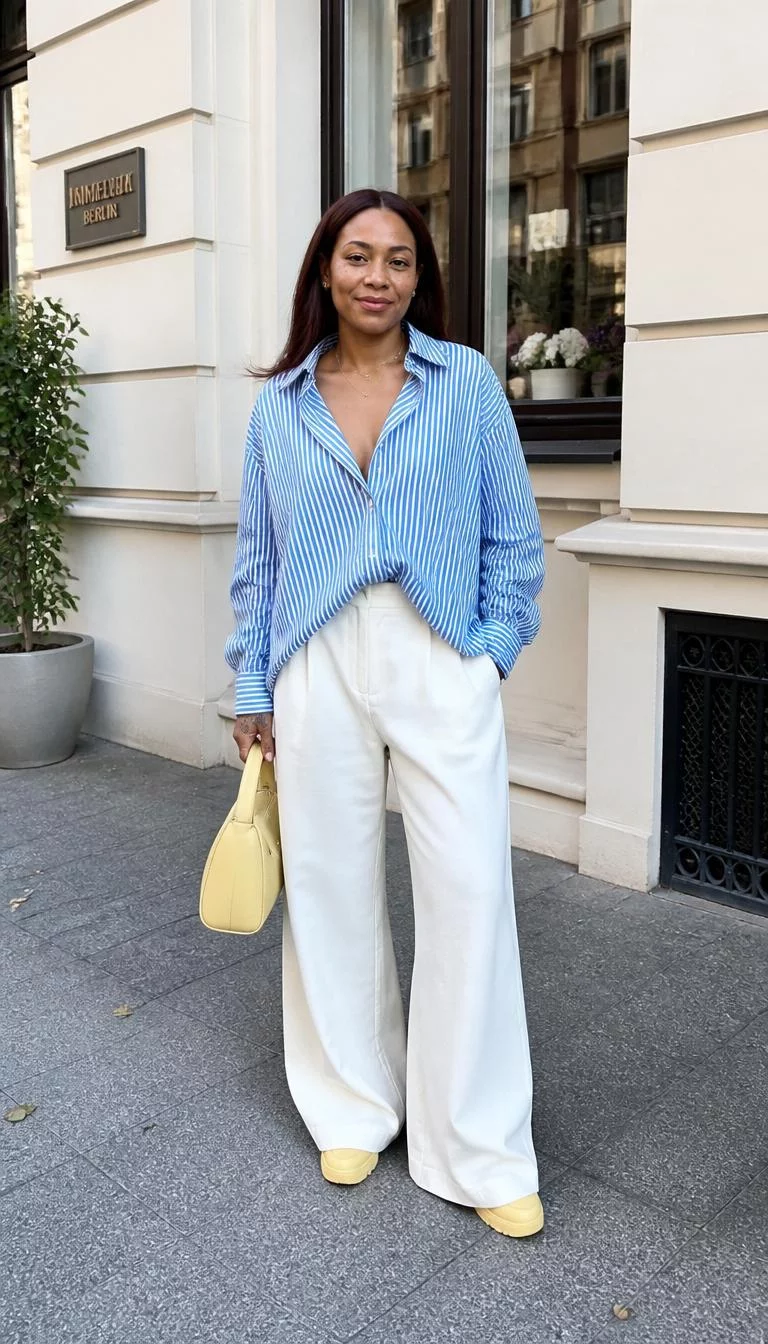 A photorealistic full body shot of a 37-year-old Afro-Caribbean woman with a heart-shaped face, fair, aquiline nose, softly curved eyebrows, and wide lips. Her face features uneven eyebrows, light freckles, and subtle natural facial asymmetry. She has deep-set blue eyes, pronounced cheekbones, subtle smile, playful. She is slim with dark reddish-brown mid-length straight hair and is wearing a blue striped oversized button-up shirt, baggy white trousers, and yellow shoes, city sidewalk street, no people in the background, high-quality mobile photography, shot on an iPhone 14.