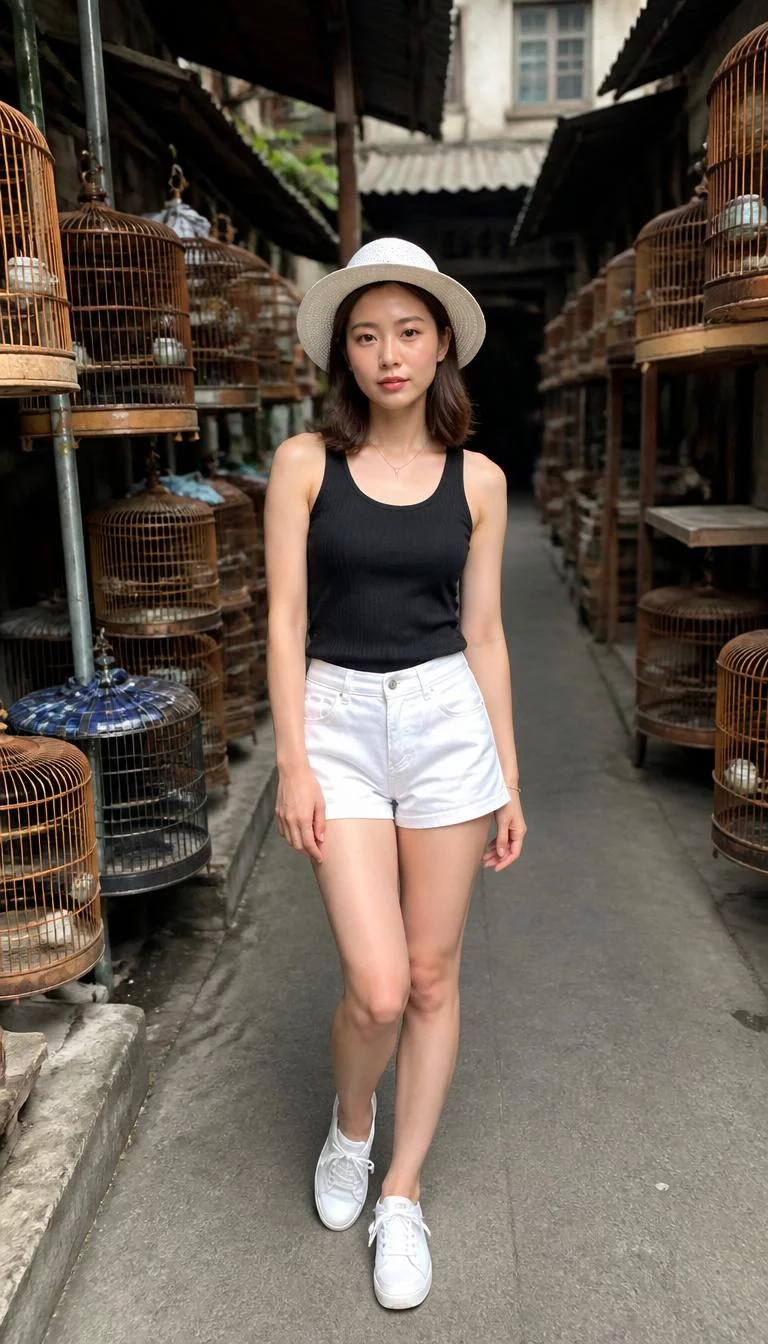 A photorealistic full body shot of a 32-year-old East Asian woman with a oblong face, light, straight nose, straight eyebrows, and heart-shaped lips. Her face features small scar on the eyebrow, visible pores, and subtle natural facial asymmetry. She has almond-shaped gray eyes, rounded cheeks, neutral expression, playful. She is slim with brown shoulder-length hair and is wearing a black sleeveless top, white shorts, white sneakers, and a white straw hat, standing in an alley filled with traditional birdcages, no people in the background, high-quality mobile photography, shot on an iPhone 14.