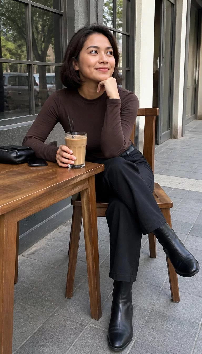 A photorealistic full body shot of a 24-year-old Southeast Asian woman with a heart-shaped face, dark brown, upturned nose, thick natural eyebrows, and full lips. Her face features dimples, visible pores, and subtle natural facial asymmetry. She has upturned blue eyes, high cheekbones, broad smile, thoughtful. She is average build with dark brown shoulder-length bob hair and is wearing a brown long-sleeved shirt and black jeans, sitting at a wooden café table on a sidewalk outside, no people in the background, high-quality mobile photography, shot on an iPhone 14.