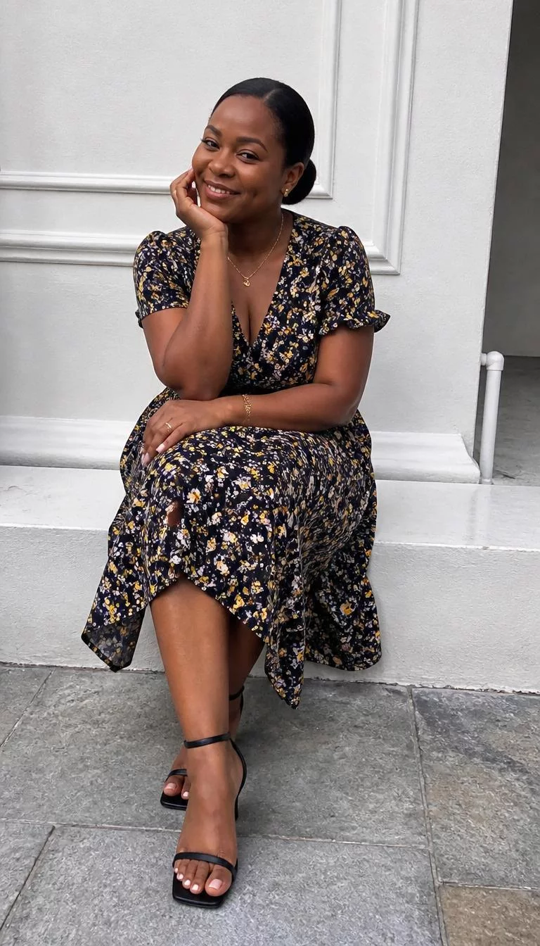 A photorealistic full body shot of a 34-year-old Black African woman with a round face, golden brown, upturned nose, thick natural eyebrows, and full lips. Her face features dimples, faint under-eye shadows, and subtle natural facial asymmetry. She has hooded brown eyes, high cheekbones, broad smile, playful. She is petite with dark hair in a tight low bun hair and is wearing a black floral dress with yellow accents, sitting against a white paneled wall, no people in the background, high-quality mobile photography, shot on an iPhone 14.