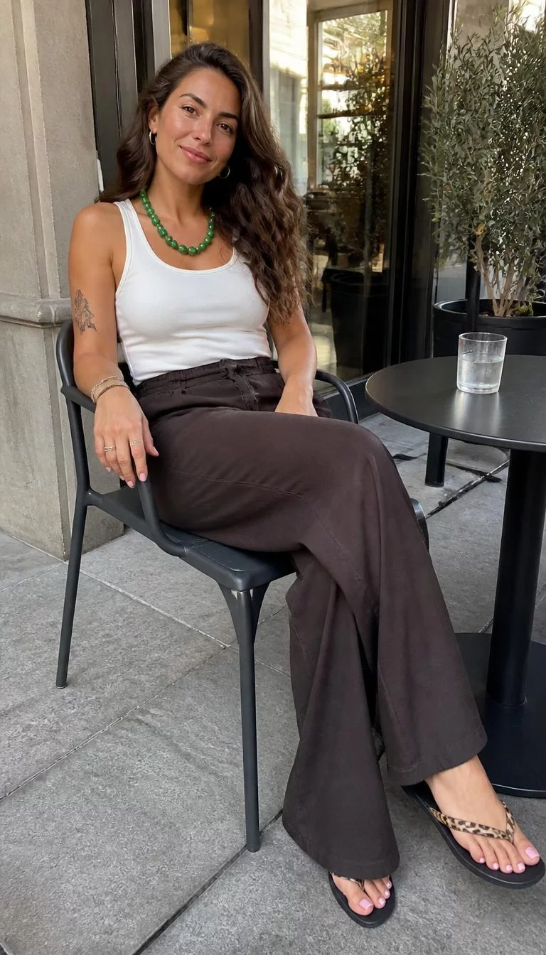 A photorealistic full body shot of a 34-year-old Northern European woman with a diamond face, golden brown, upturned nose, thick natural eyebrows, and wide lips. Her face features faint freckles across the nose, a few laugh lines, and subtle natural facial asymmetry. She has upturned dark brown eyes, pronounced cheekbones, closed-mouth smile, relaxed. She is curvy build with long wavy brown hair and is wearing a white tank top, dark-brown wide-leg trousers, a bold green beaded necklace, and leopard-print flip-flops, sitting at a cafe, no people in the background, high-quality mobile photography, shot on an iPhone 14.