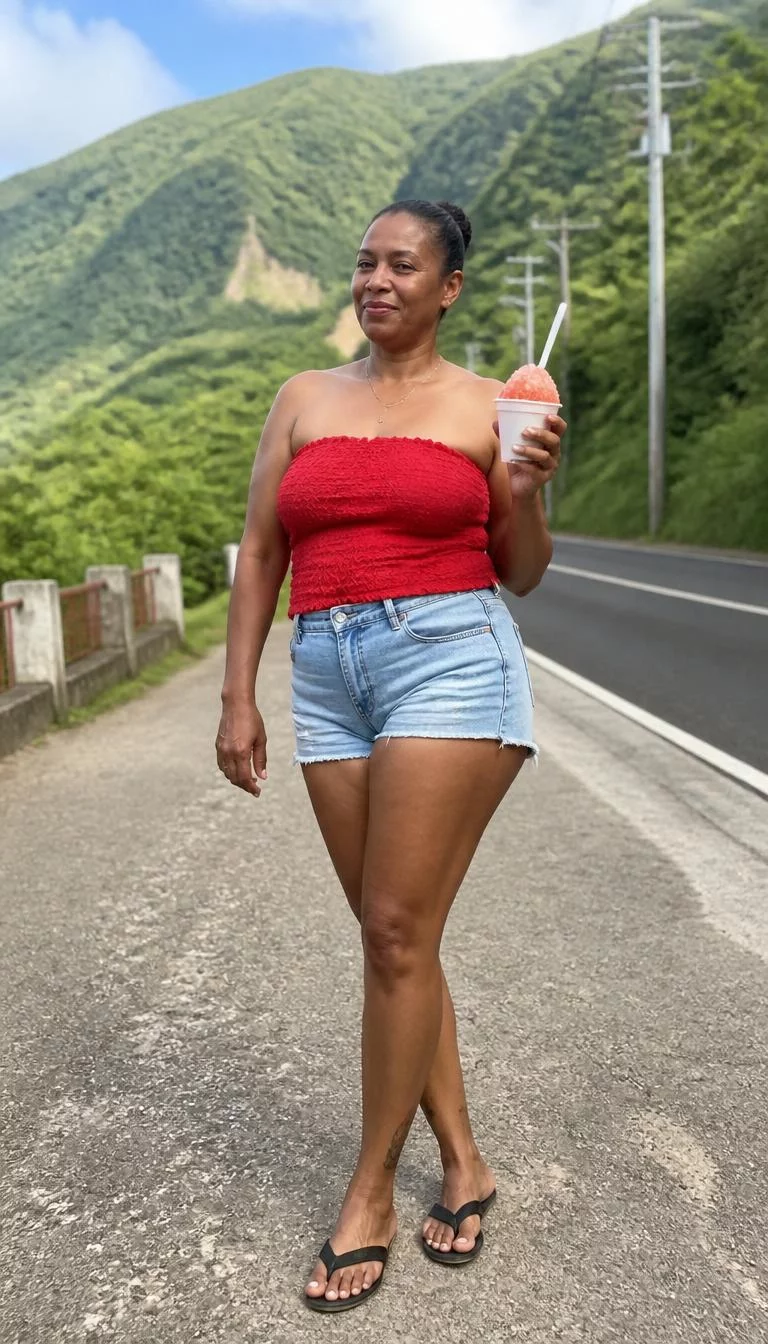 A photorealistic full body shot of a 49-year-old Afro-Caribbean woman with a oblong face, deep brown, button nose, softly curved eyebrows, and thin lips. Her face features beauty mark near the lip, subtle acne marks, and subtle natural facial asymmetry. She has deep-set amber eyes, high cheekbones, closed-mouth smile, playful. She is curvy build with hair pulled back and is wearing a red textured tube top and light-wash denim shorts, holding a shaved ice cup, with mountains in the background, no people in the background, high-quality mobile photography, shot on an iPhone 14.