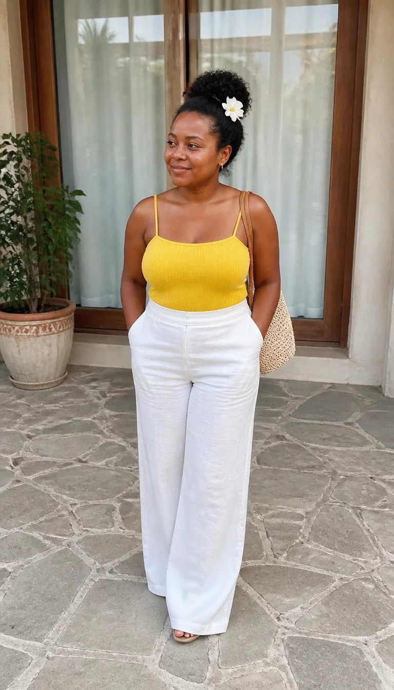 A photorealistic full body shot of a 43-year-old Black African woman with a heart-shaped face, tan, upturned nose, thin arched eyebrows, and heart-shaped lips. Her face features uneven eyebrows, visible pores, and subtle natural facial asymmetry. She has hooded dark brown eyes, rounded cheeks, neutral expression, playful. She is curvy build with dark hair in a messy bun adorned with a white flower and is wearing a yellow spaghetti-strap top, white wide-leg trousers, and a mesh tote bag, standing on a stone patio, no people in the background, high-quality mobile photography, shot on an iPhone 14.