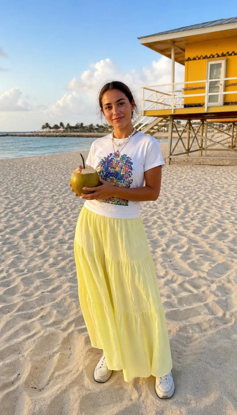 A photorealistic full body shot of a 31-year-old Middle Eastern woman with a diamond face, olive, upturned nose, softly curved eyebrows, and wide lips. Her face features faint freckles across the nose, visible pores, and subtle natural facial asymmetry. She has round green eyes, high cheekbones, subtle smile, cheerful. She is athletic build with brown hair tied back and is wearing a white graphic t-shirt and a pale yellow tiered maxi skirt, holding a coconut on a beach near a yellow lifeguard station, no people in the background, high-quality mobile photography, shot on an iPhone 14.